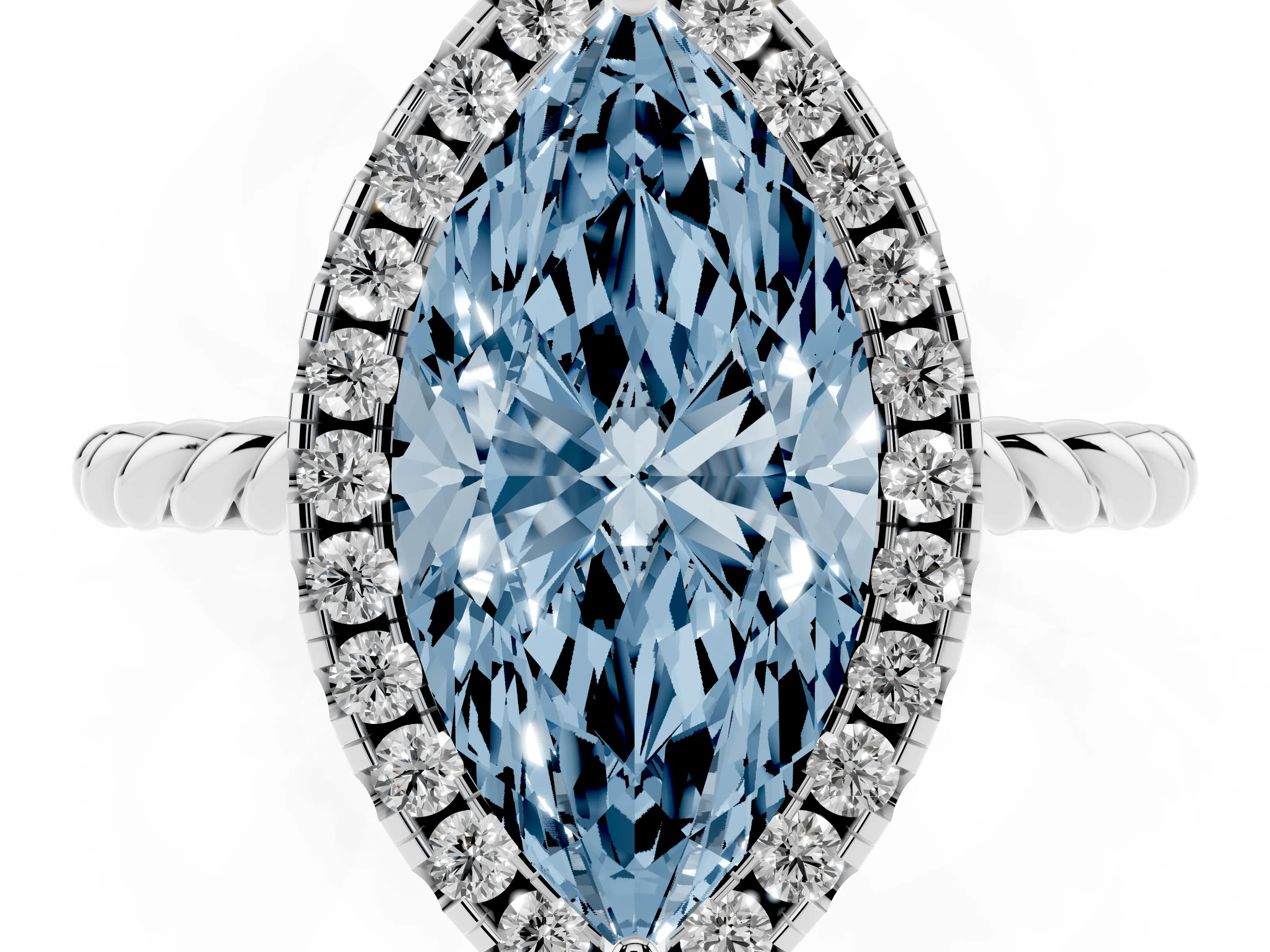 Fancy Blue Marquise Cut Diamond Halo Ring Set in Platinum with Plain Twisted Band