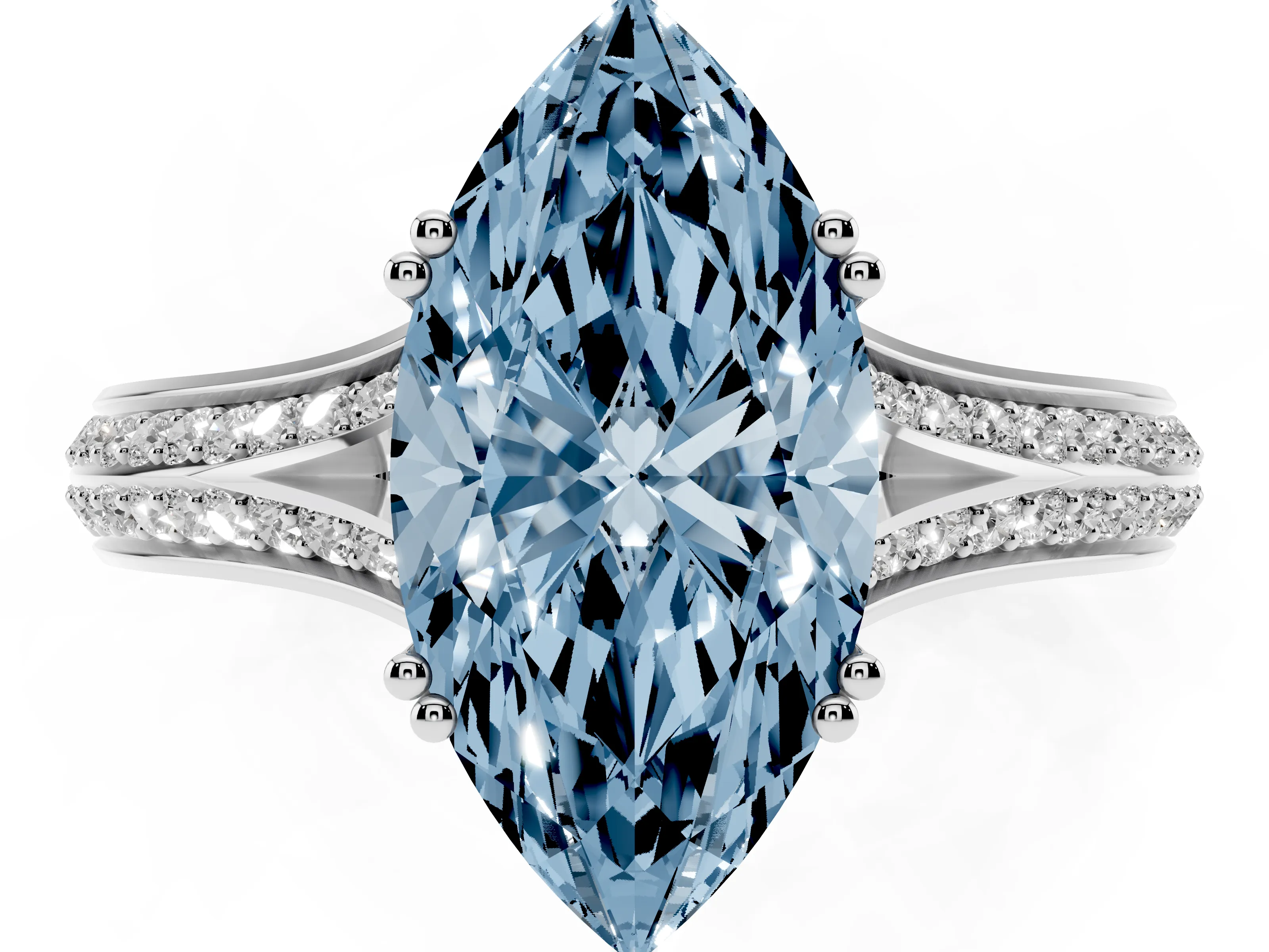 Fancy Blue Marquise Cut Diamond Split Shank Pavé Engagement Ring Set in White gold with Prong-Set Center Stone