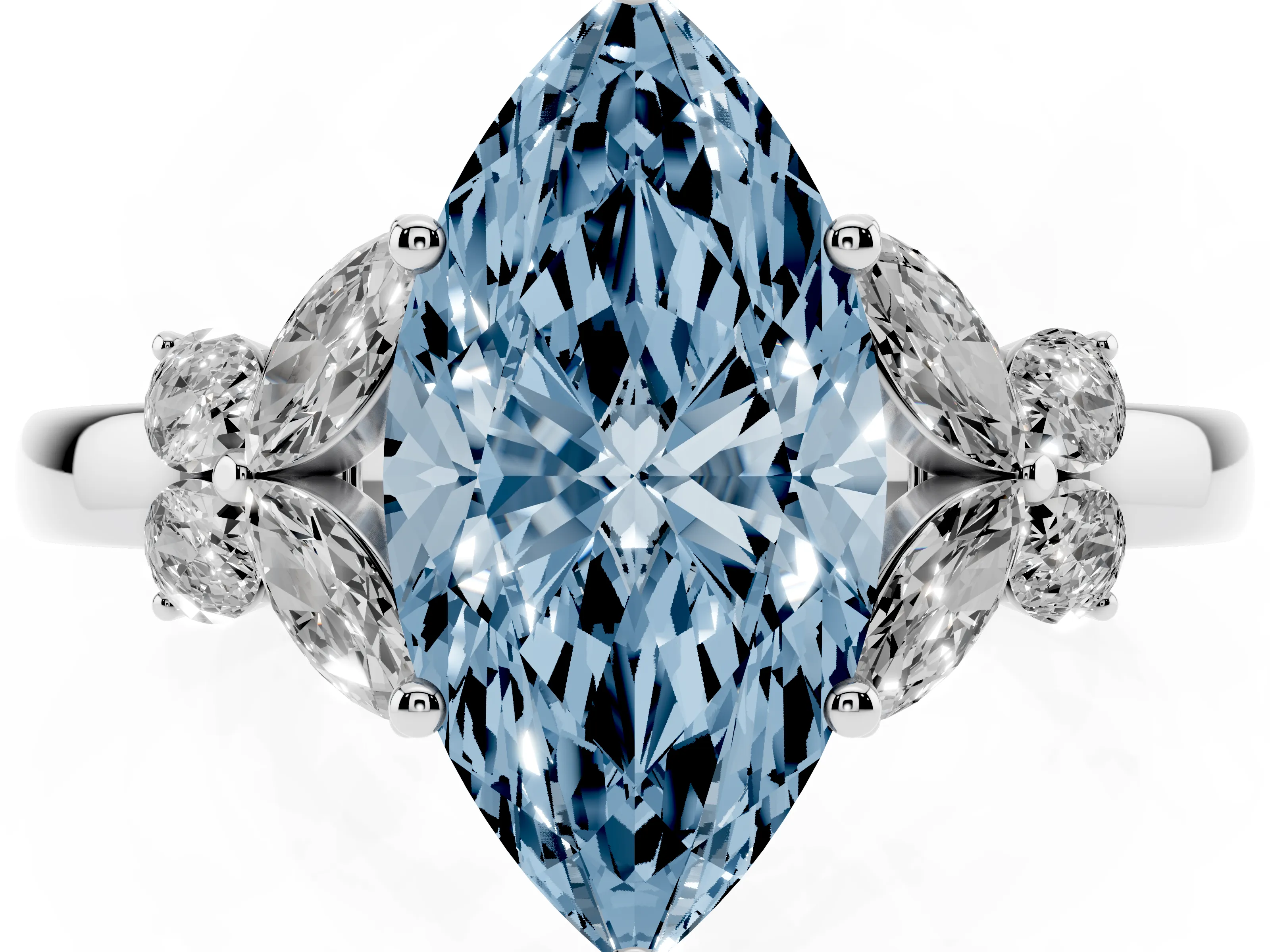Fancy Blue Marquise Cut Diamond Solitaire Floral Ring Set in Platinum with Marquise Petals and Prong Setting
