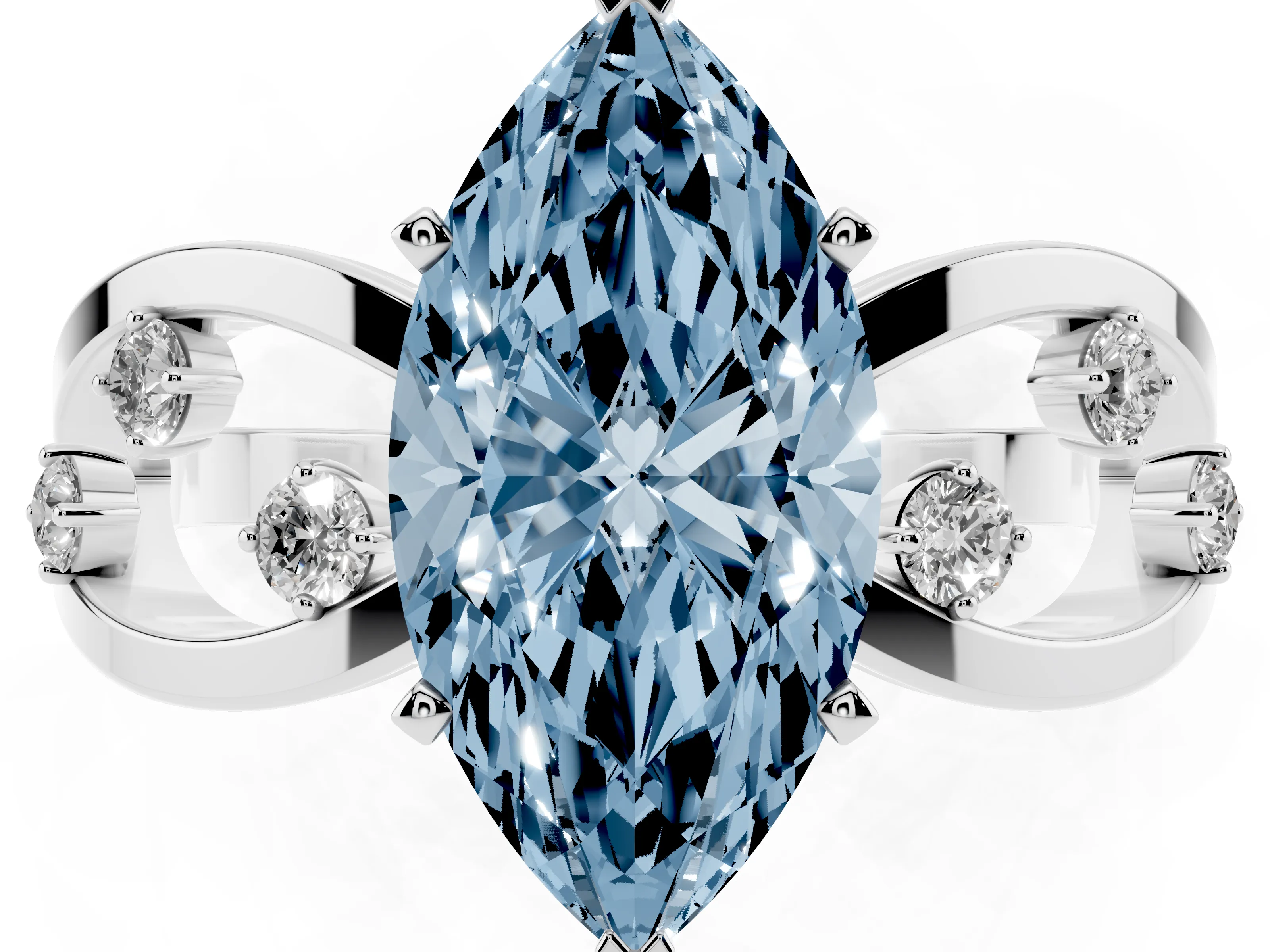 Fancy Blue Marquise Cut Diamond Solitaire Ring Set in Silver with Side Stones on Criss-Cross Band and Prong Setting
