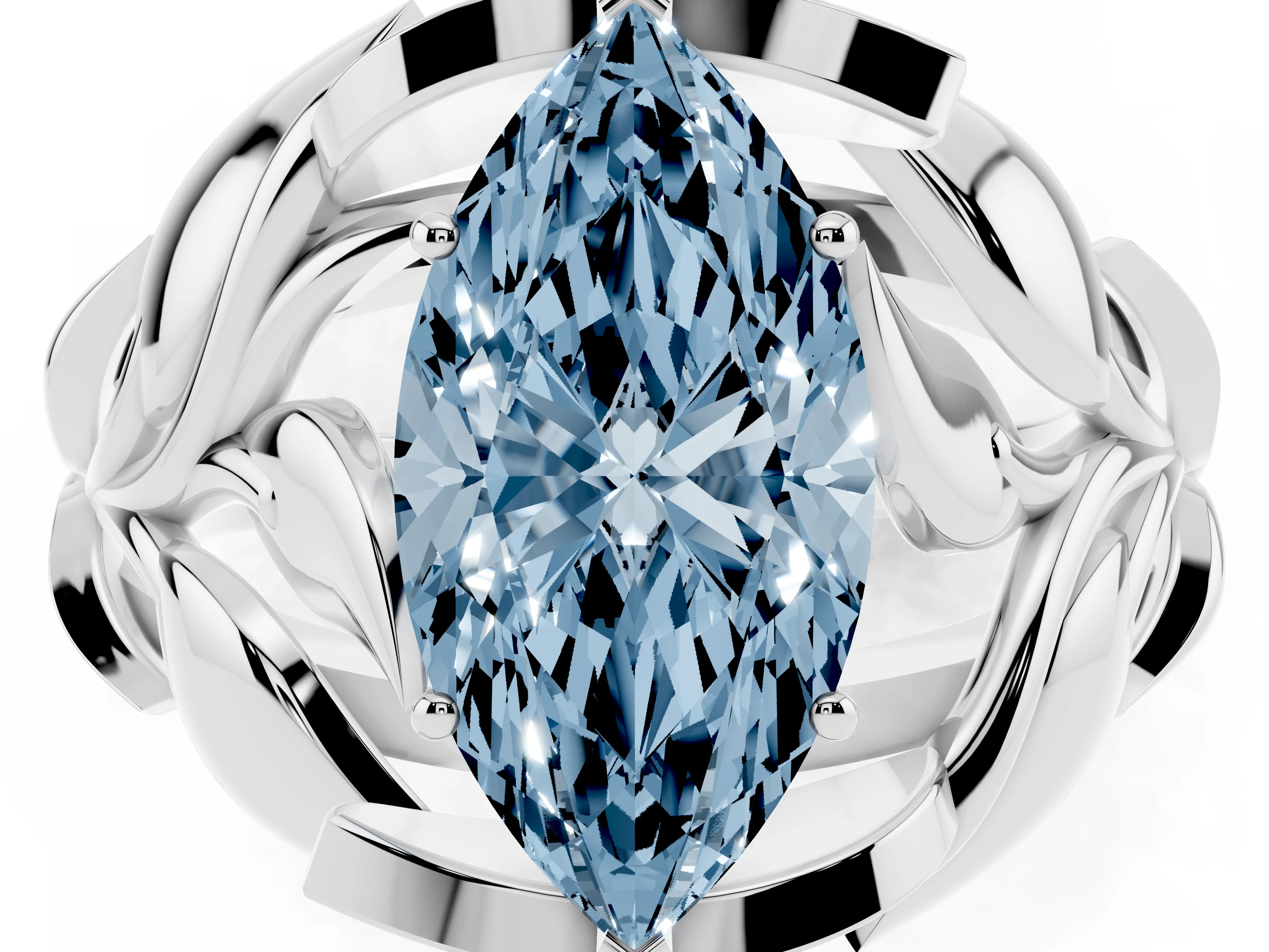 Fancy Blue Marquise Cut Diamond Leaf-Inspired Engagement Ring Set in Platinum with Round Accents