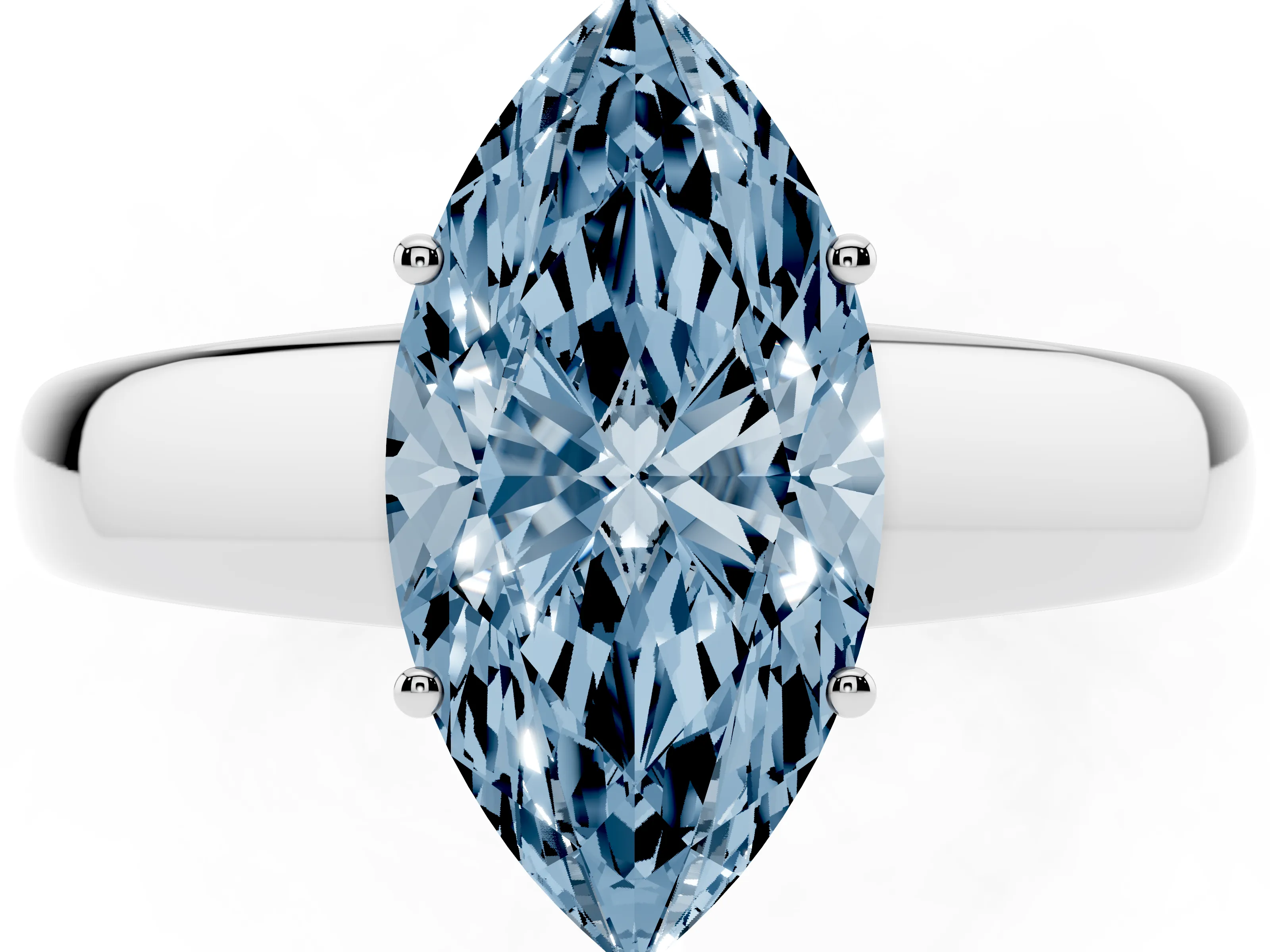 Fancy Blue Marquise Cut Diamond Solitaire Ring Set in Silver with Tapered Band and Prong Setting