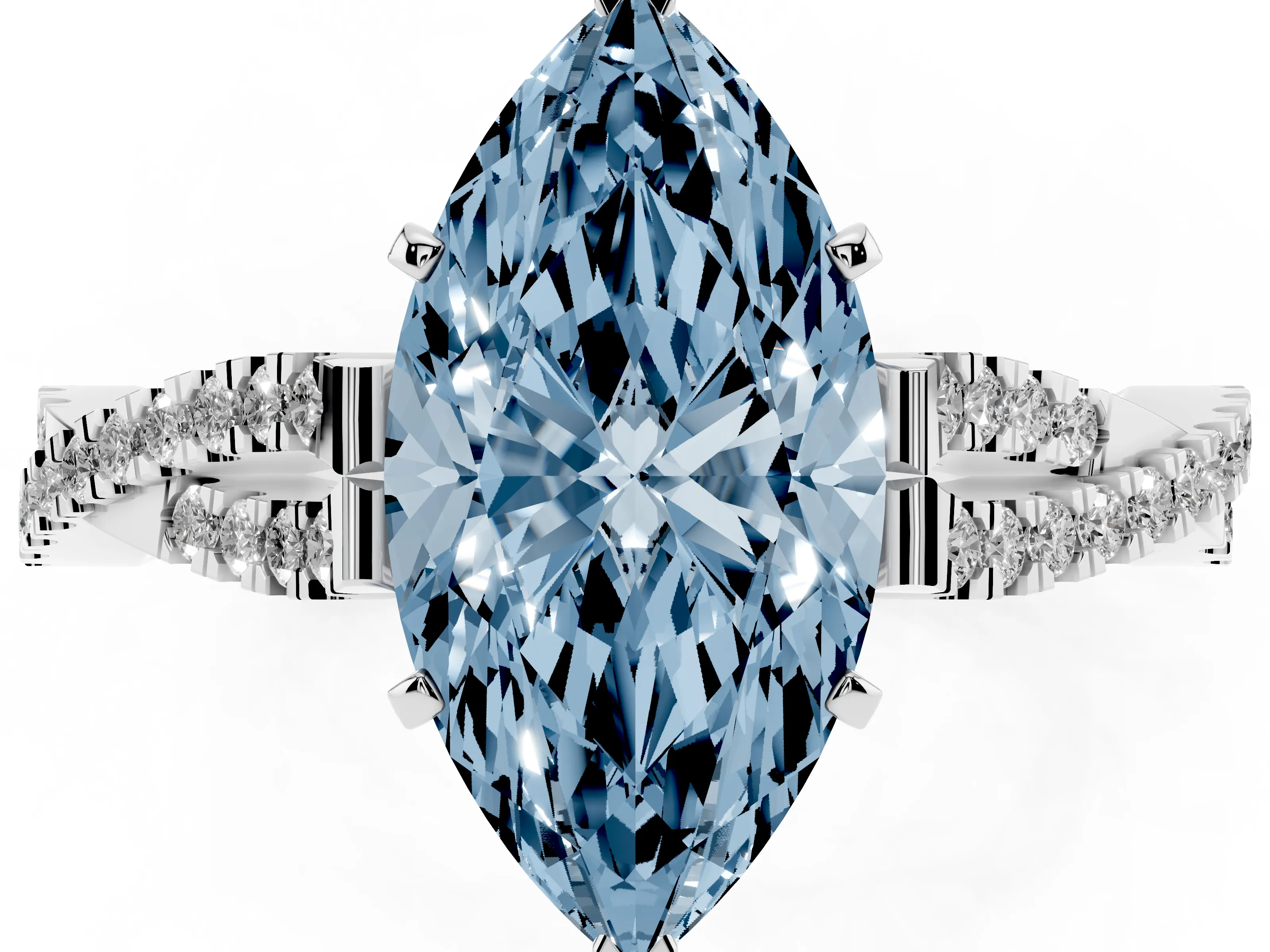 Fancy Blue Marquise Cut Diamond Solitaire Engagement Ring Set in White gold with Twisted Pavé Band and Prong Setting