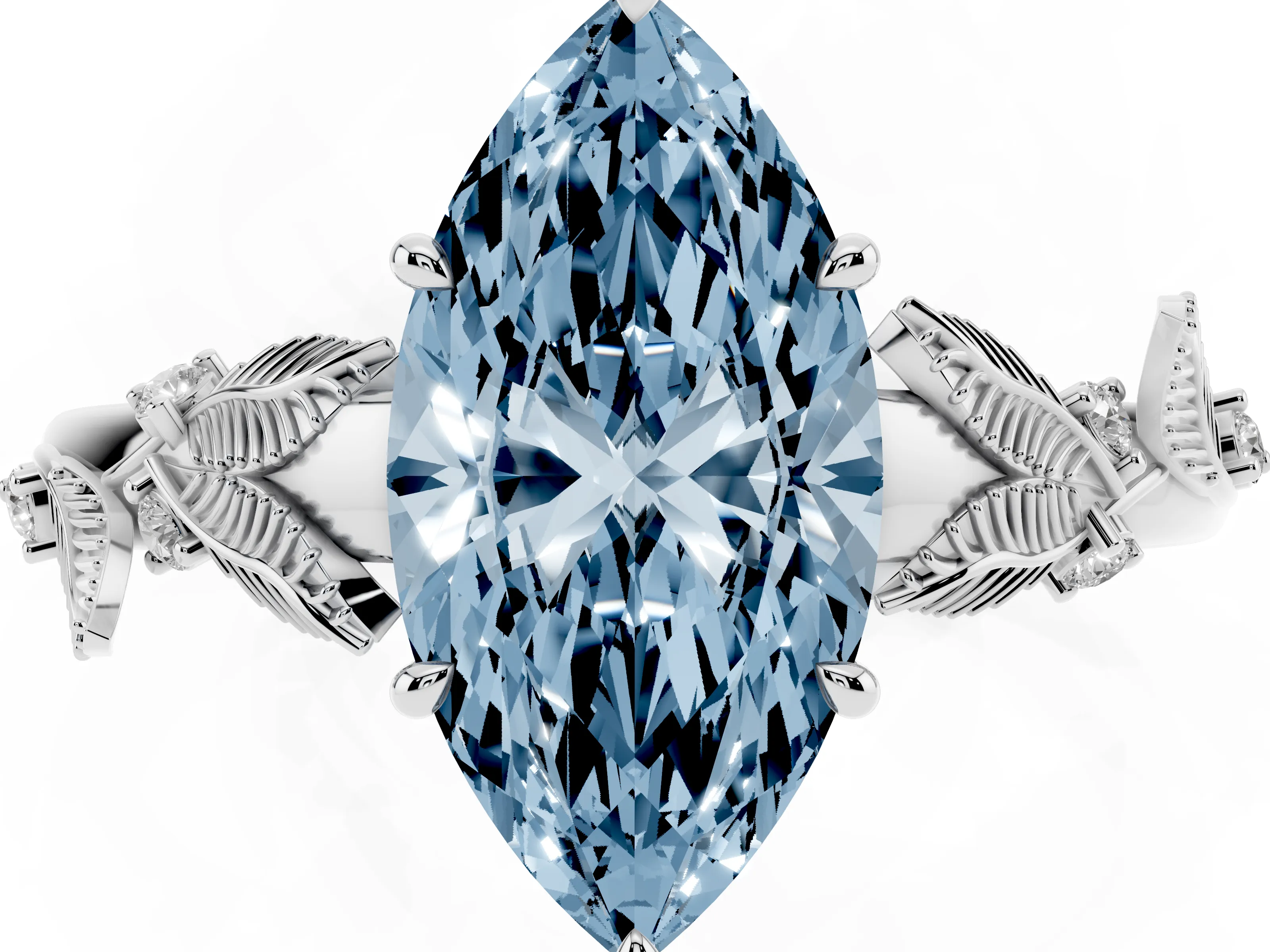 Fancy Blue Marquise Cut Diamond Solitaire Ring Set in Platinum with Leaf Motif Band