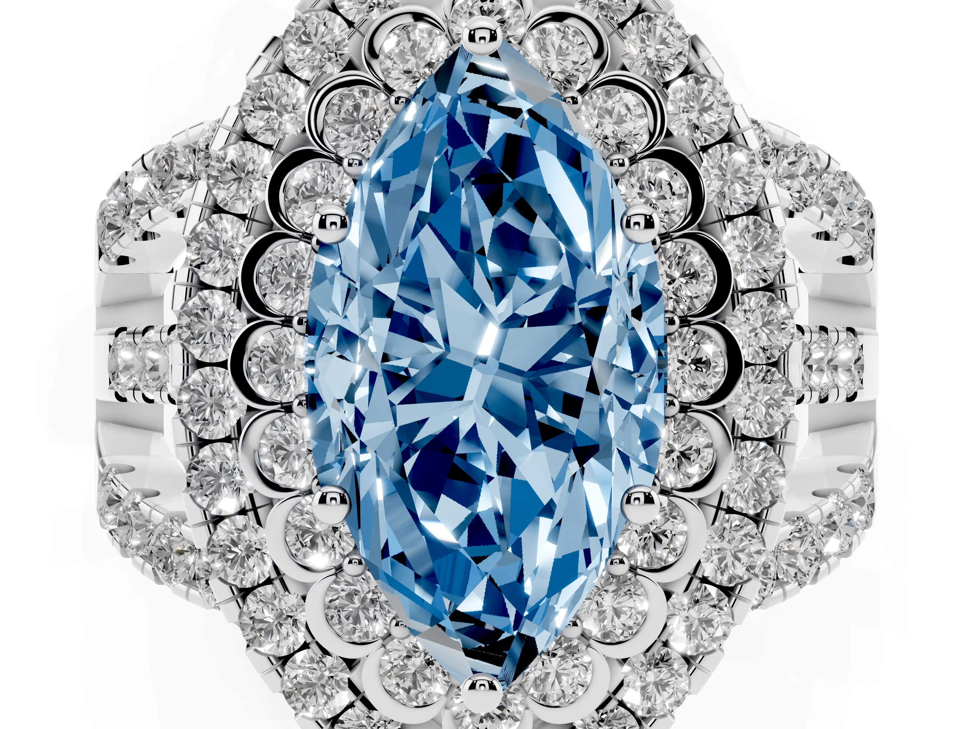 Fancy Blue Marquise Cut Diamond Double Halo Ring Set in White gold with Round Pavé Split Shank