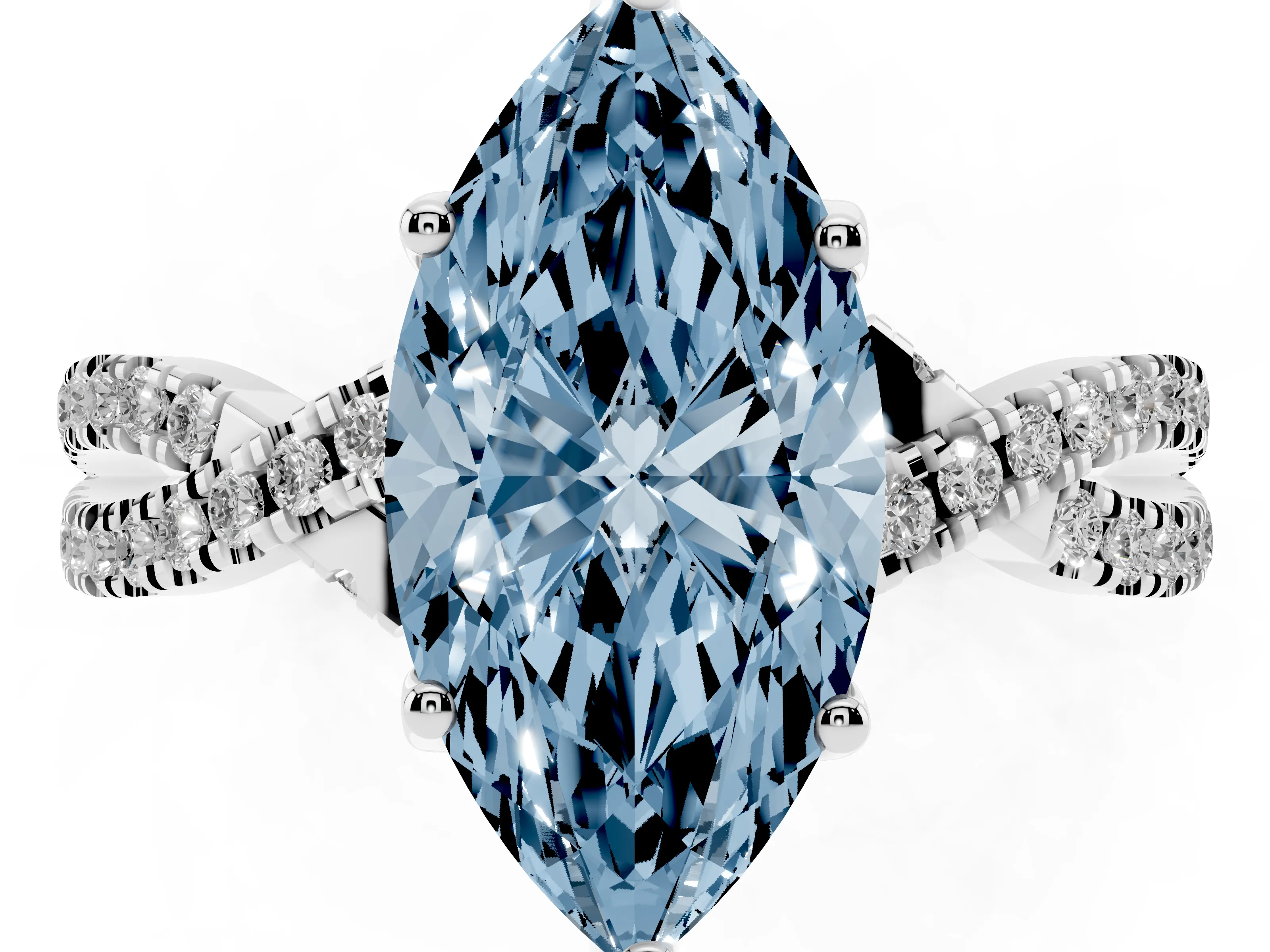 Fancy Blue Marquise Cut Diamond Twist Pavé Solitaire Engagement Ring Set in White gold with Prong Setting