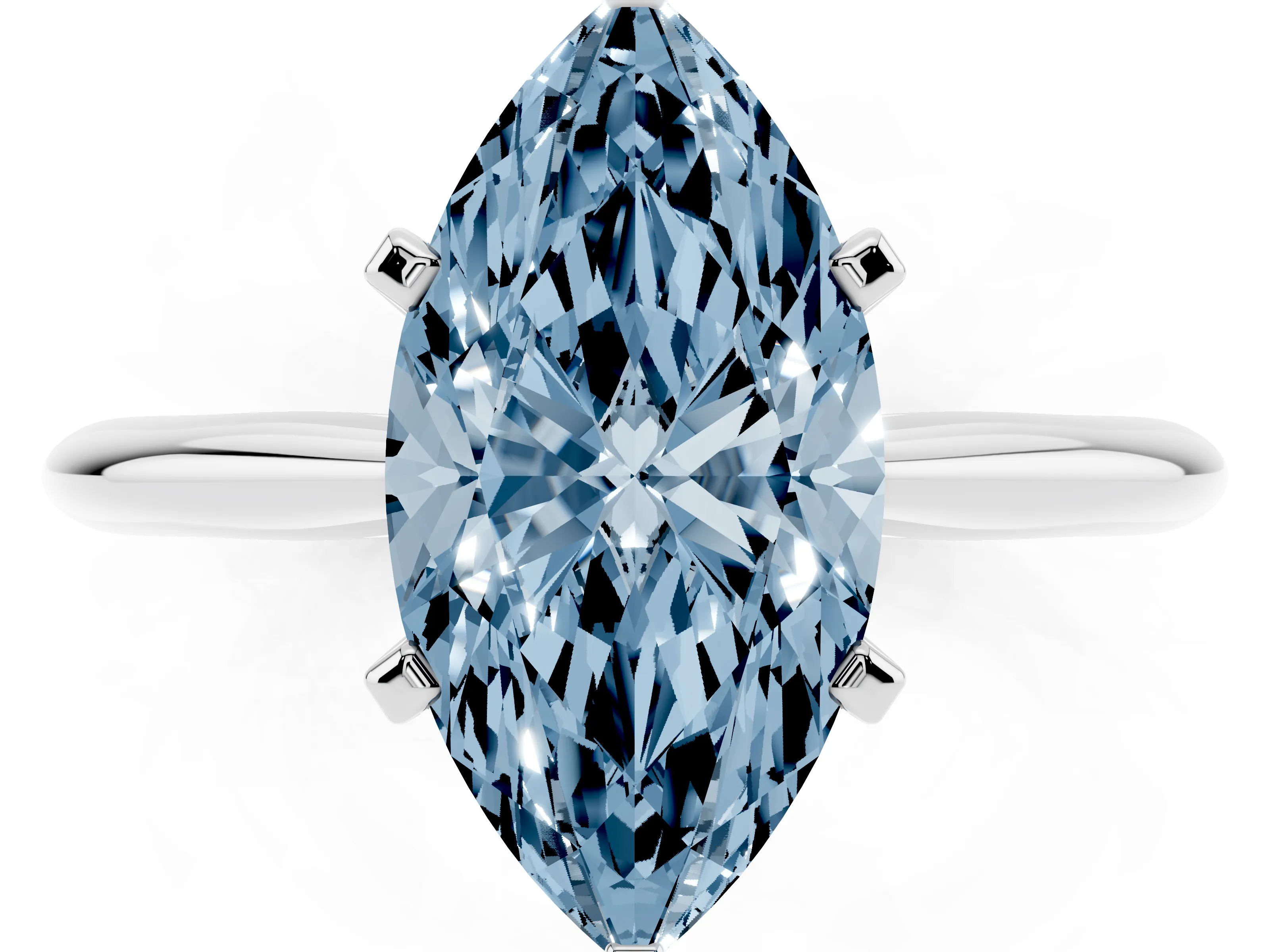 Fancy Blue Marquise Cut Diamond Solitaire Ring Set in Platinum with Prong Setting on a Plain Round Band