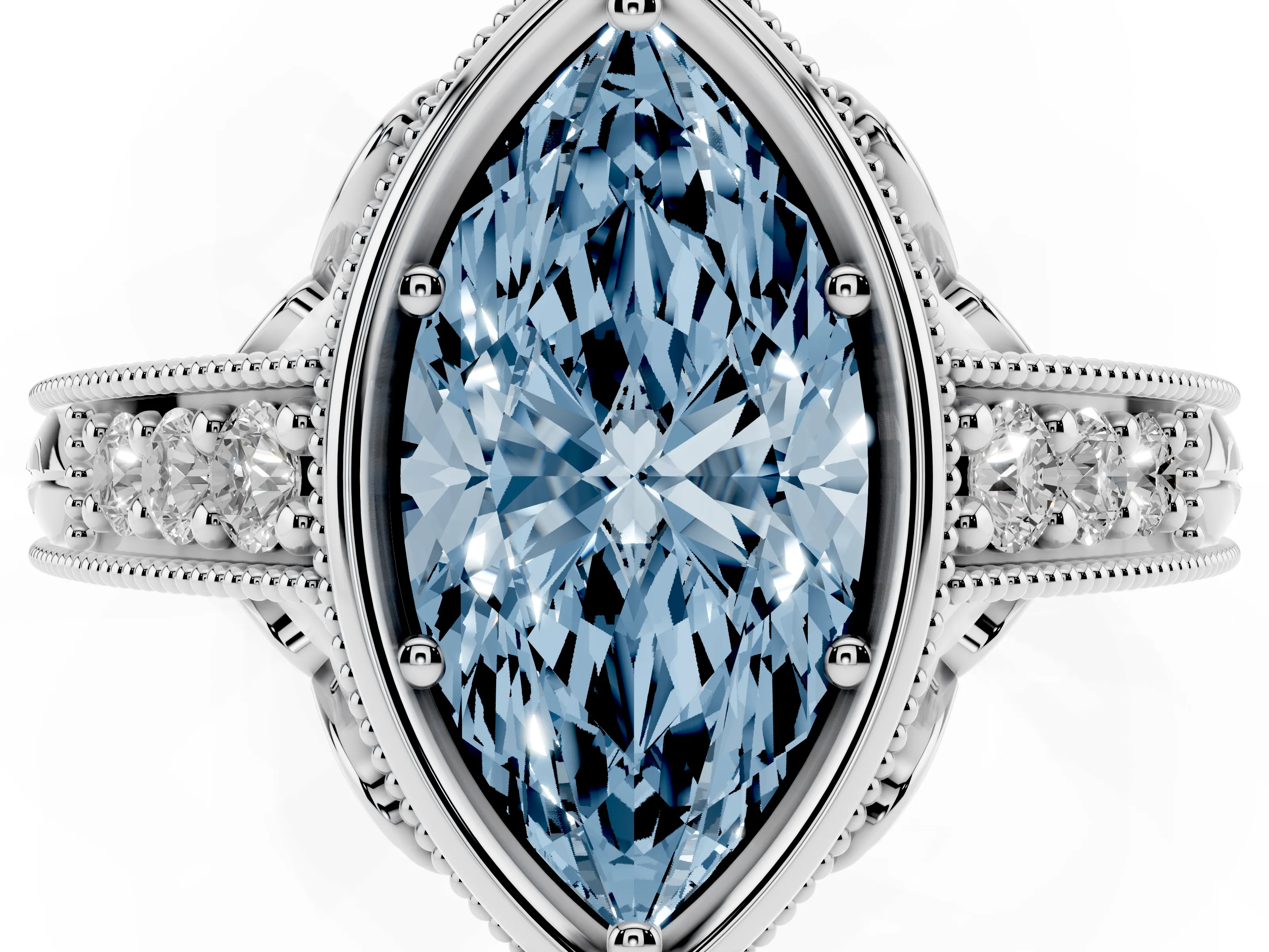 Fancy Blue Bezel Set Marquise Cut Diamond Milgrain Pavé Engagement Ring Set in Silver