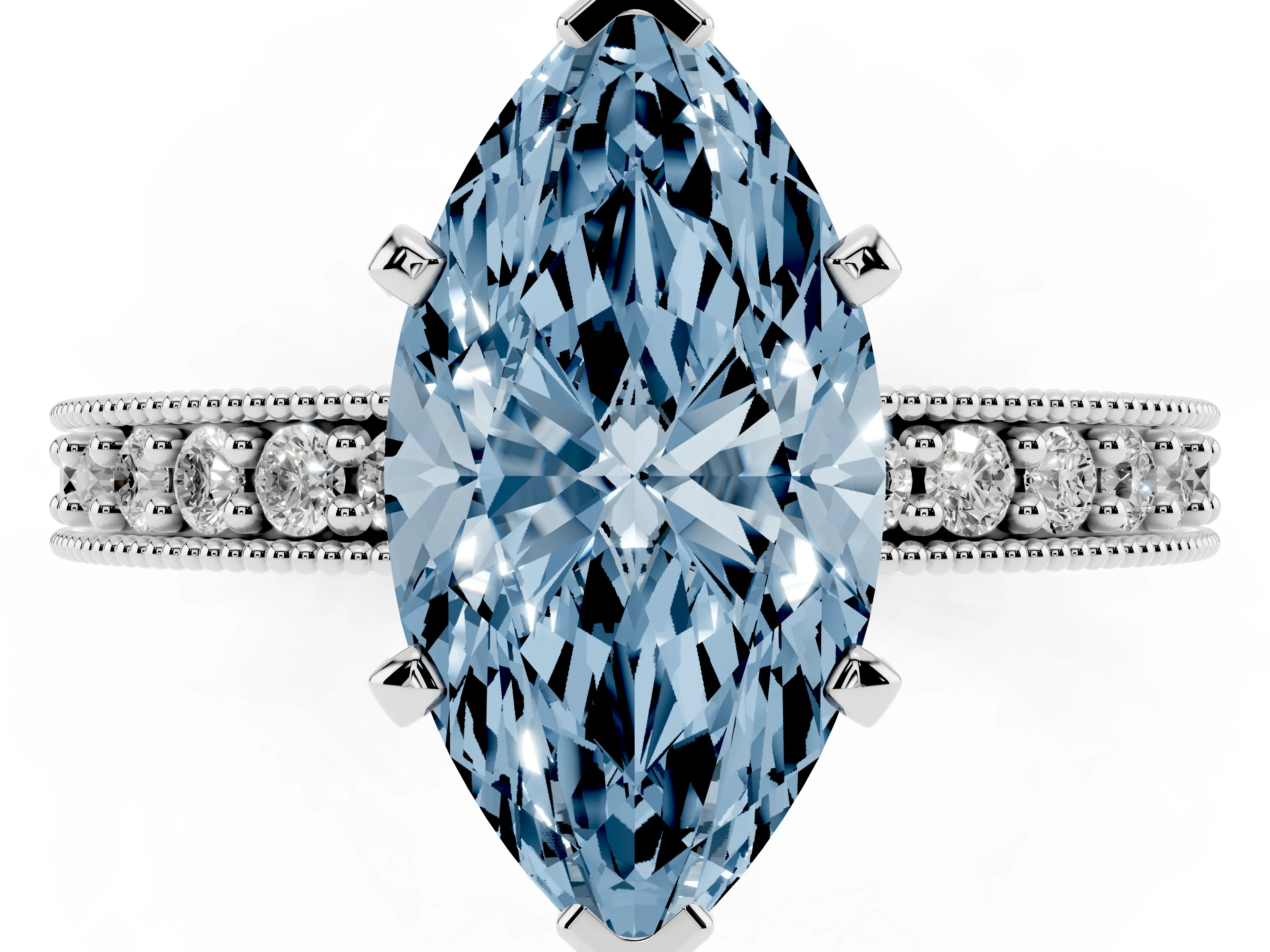 Fancy Blue Marquise Cut Diamond Milgrain Pavé Engagement Ring Set in Platinum with Prong Setting