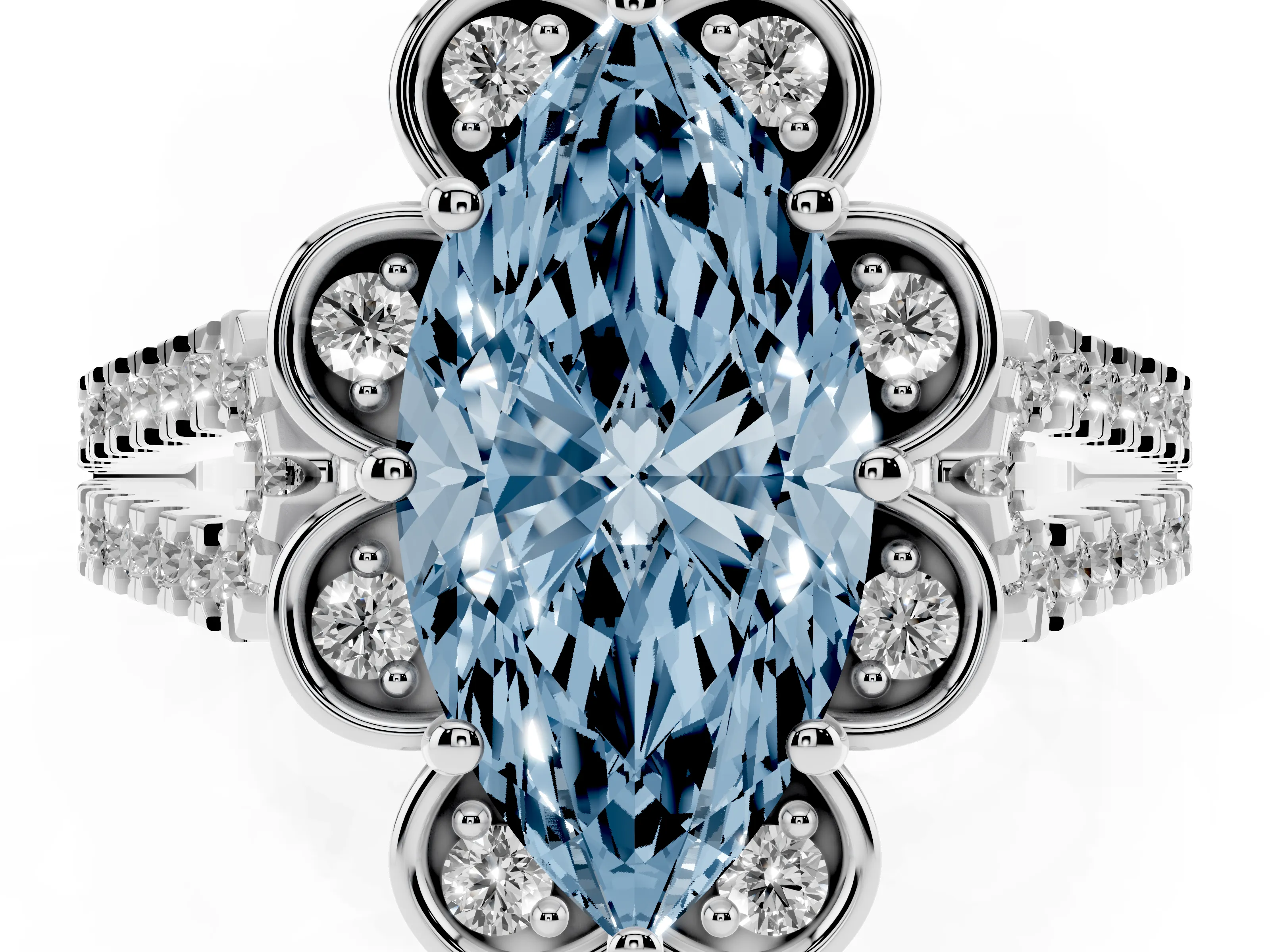 Fancy Blue Marquise Cut Diamond Floral Halo Split Shank Engagement Ring Set in Platinum with Pavé Shank