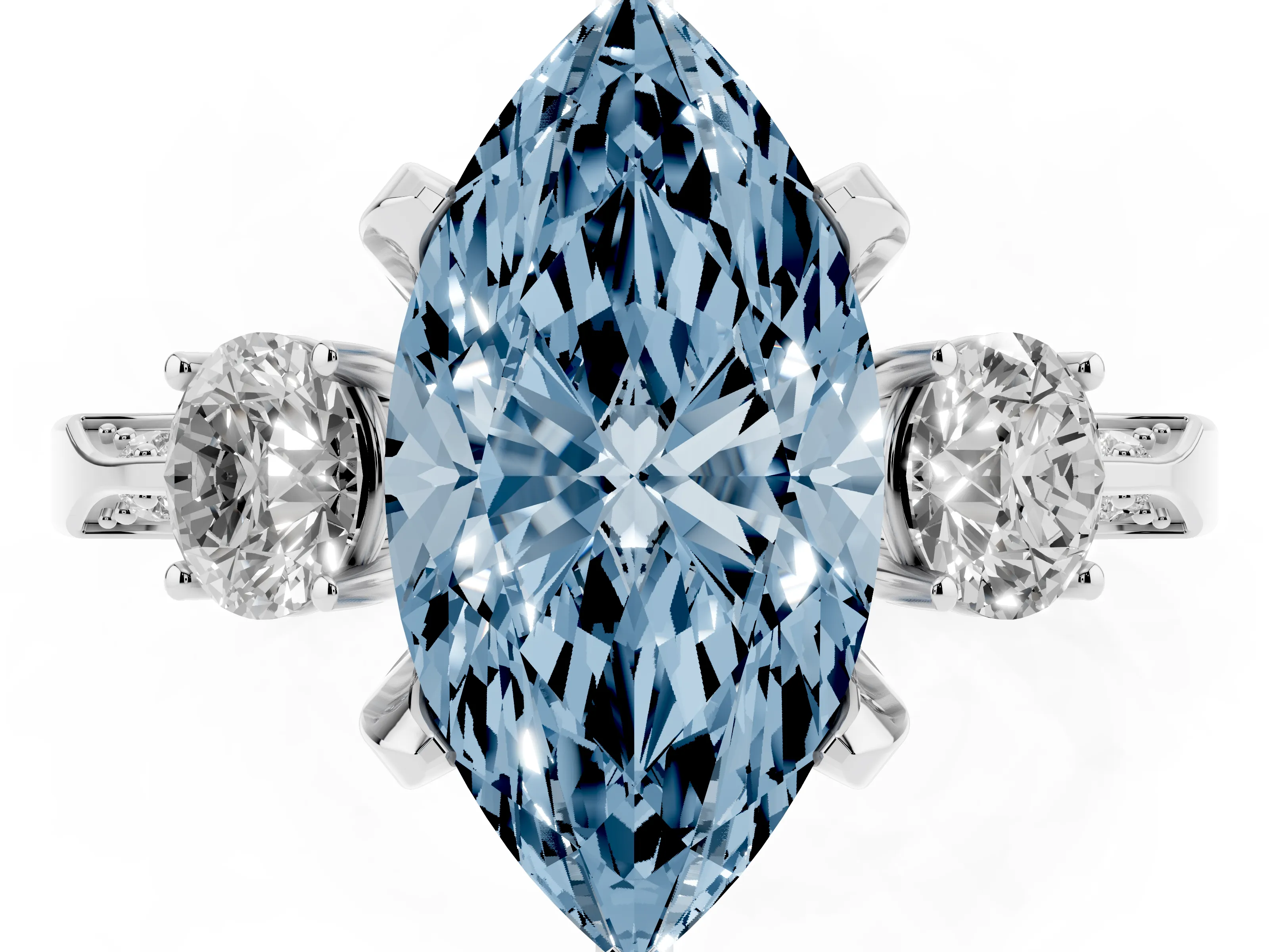 Fancy Blue Marquise Cut Diamond Three-Stone Ring Set in White gold with Pavé Band and Smaller Side Stones