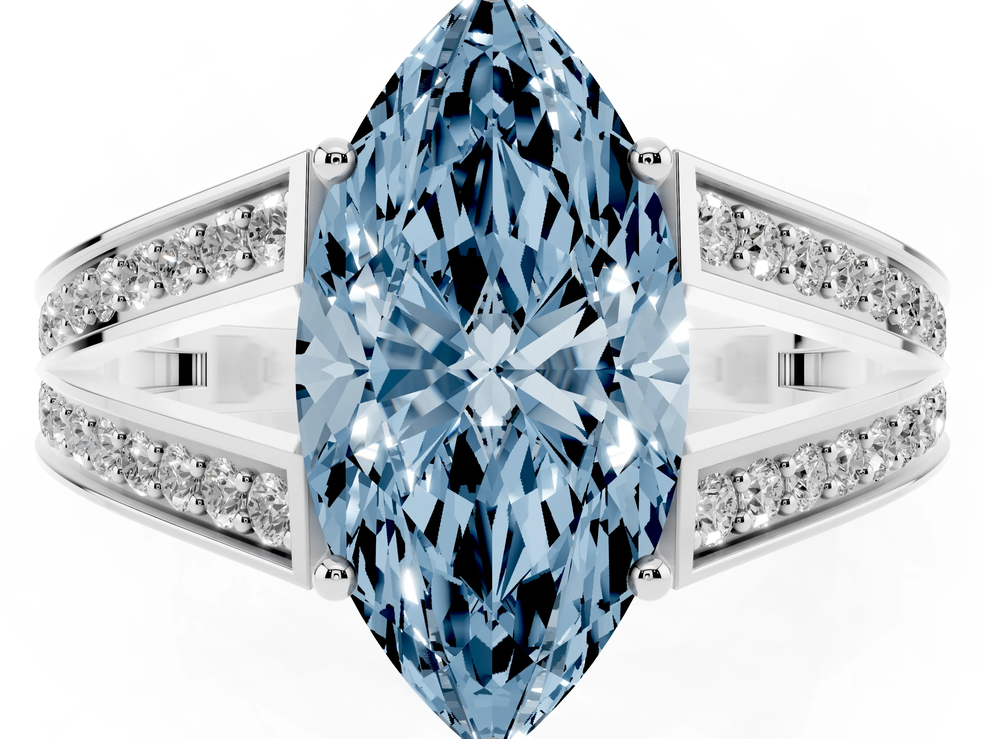 Fancy Blue Marquise Cut Diamond Split Shank Ring Set in Silver with Pavé Band and Prong Setting