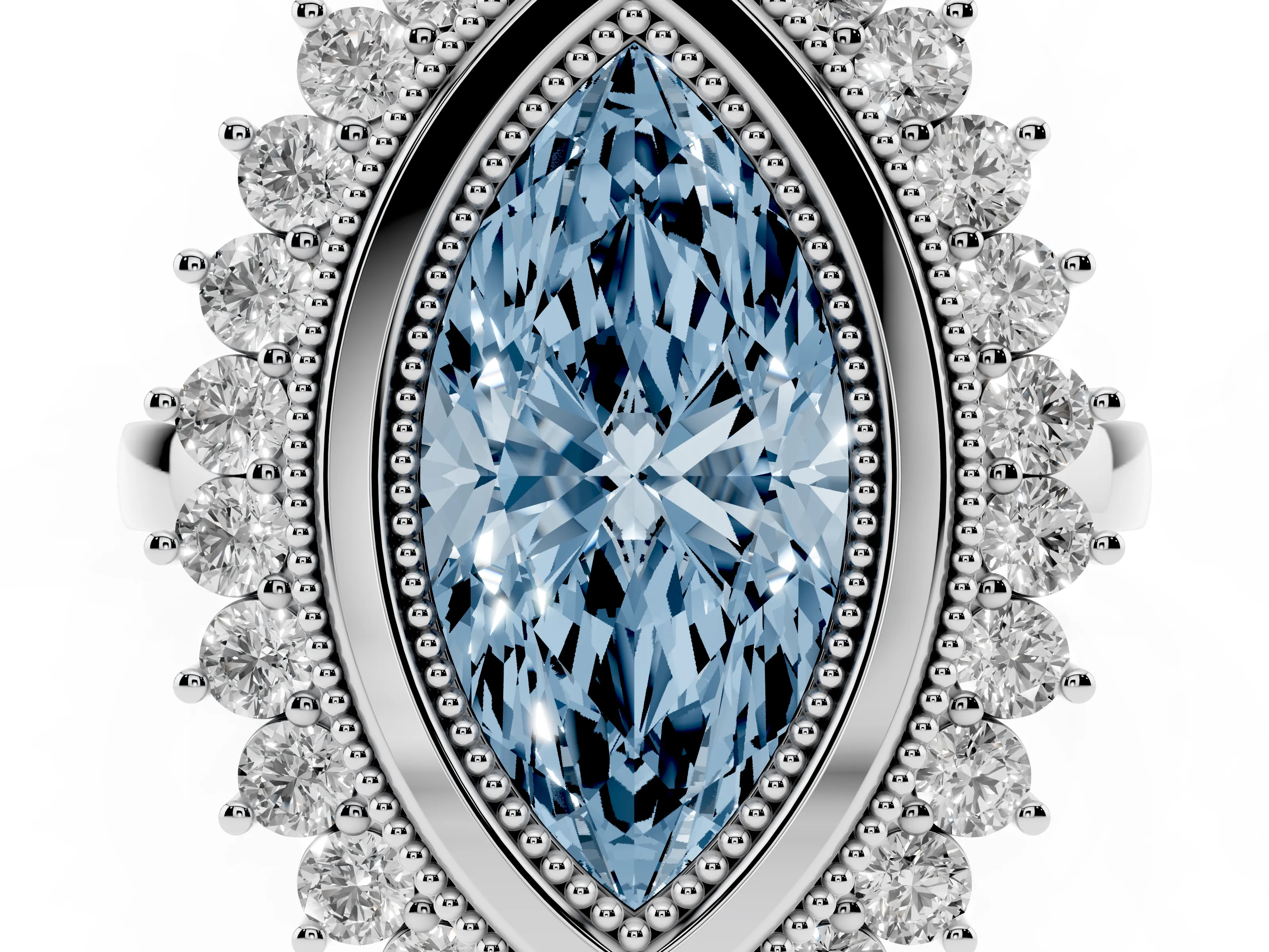 Fancy Blue Marquise Cut Diamond Halo Ring Set in Platinum with Milgrain Edge and Round Prong Setting