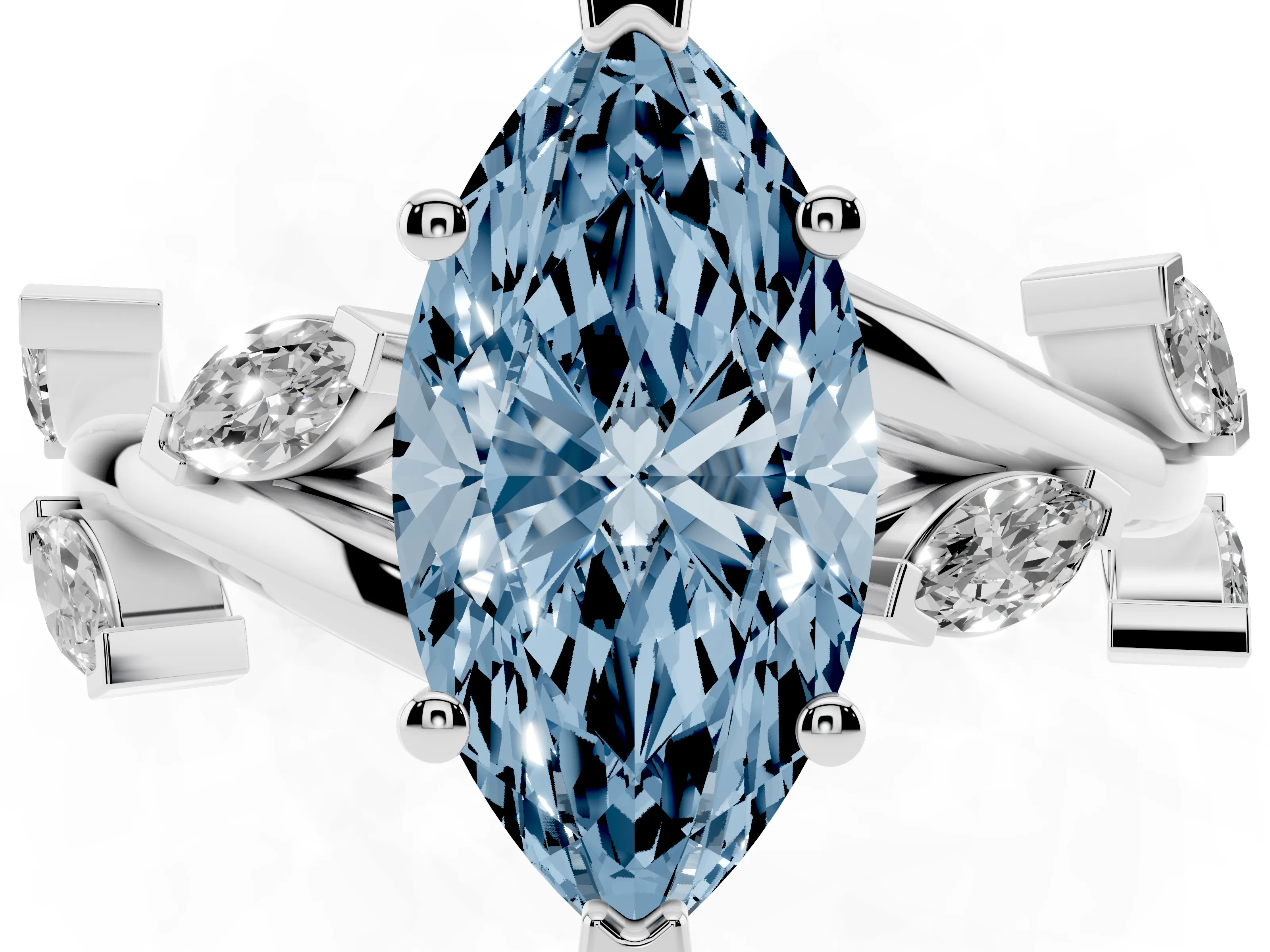 Fancy Blue Marquise Cut Diamond Solitaire Ring Set in White gold with Twisted Marquise Accent Band