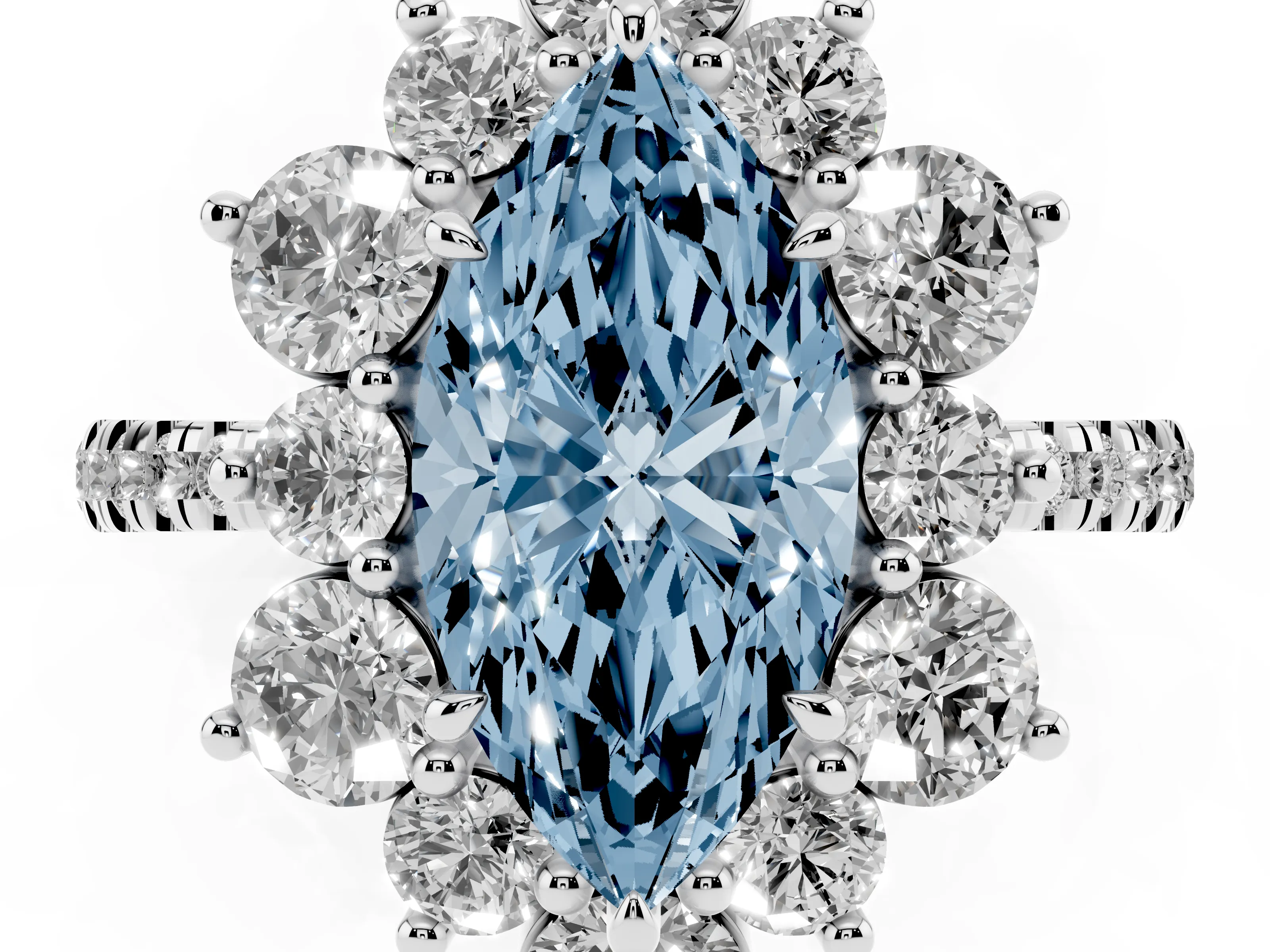 Fancy Blue Marquise Cut Diamond Floral Halo Ring Set in White gold with Round Pavé Band and Prong Setting