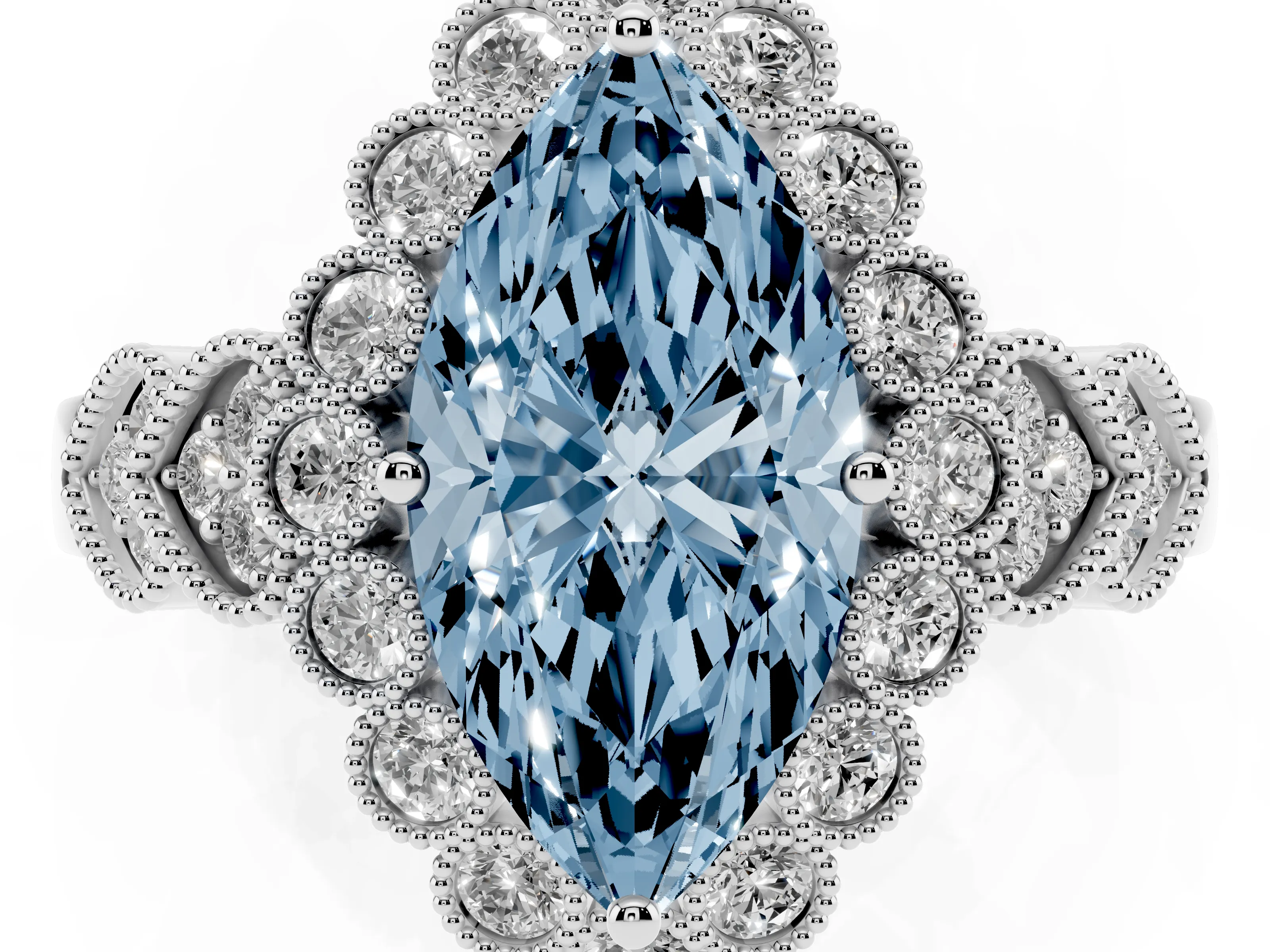 Fancy Blue Marquise Cut Diamond Solitaire Ring Set in White gold with Milgrain Pavé Heart Band