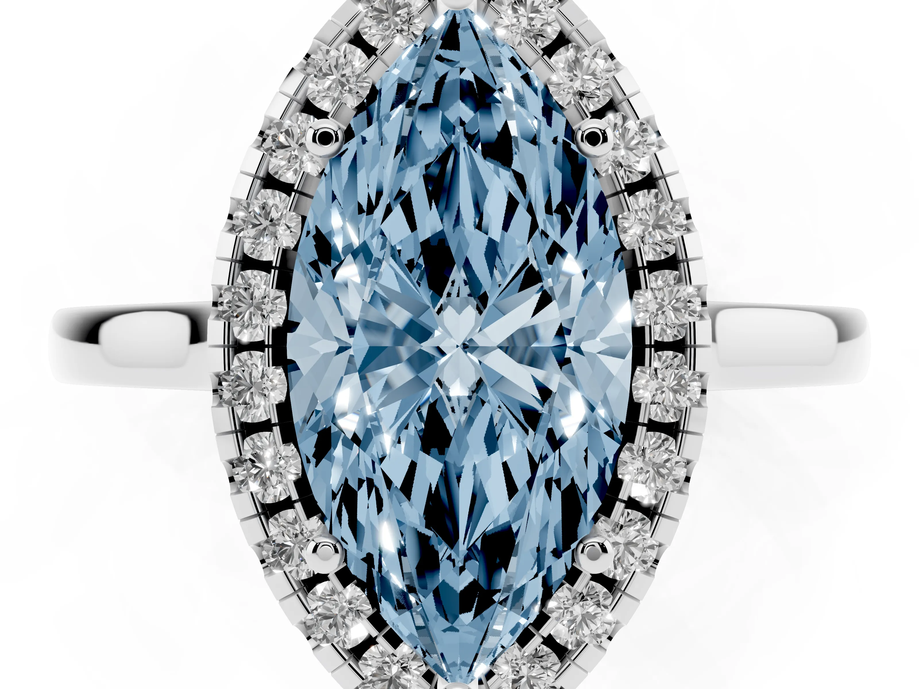 Fancy Blue Marquise Cut Halo Round Diamond Solitaire Ring Set in Platinum with Pavé Band and Prong Setting