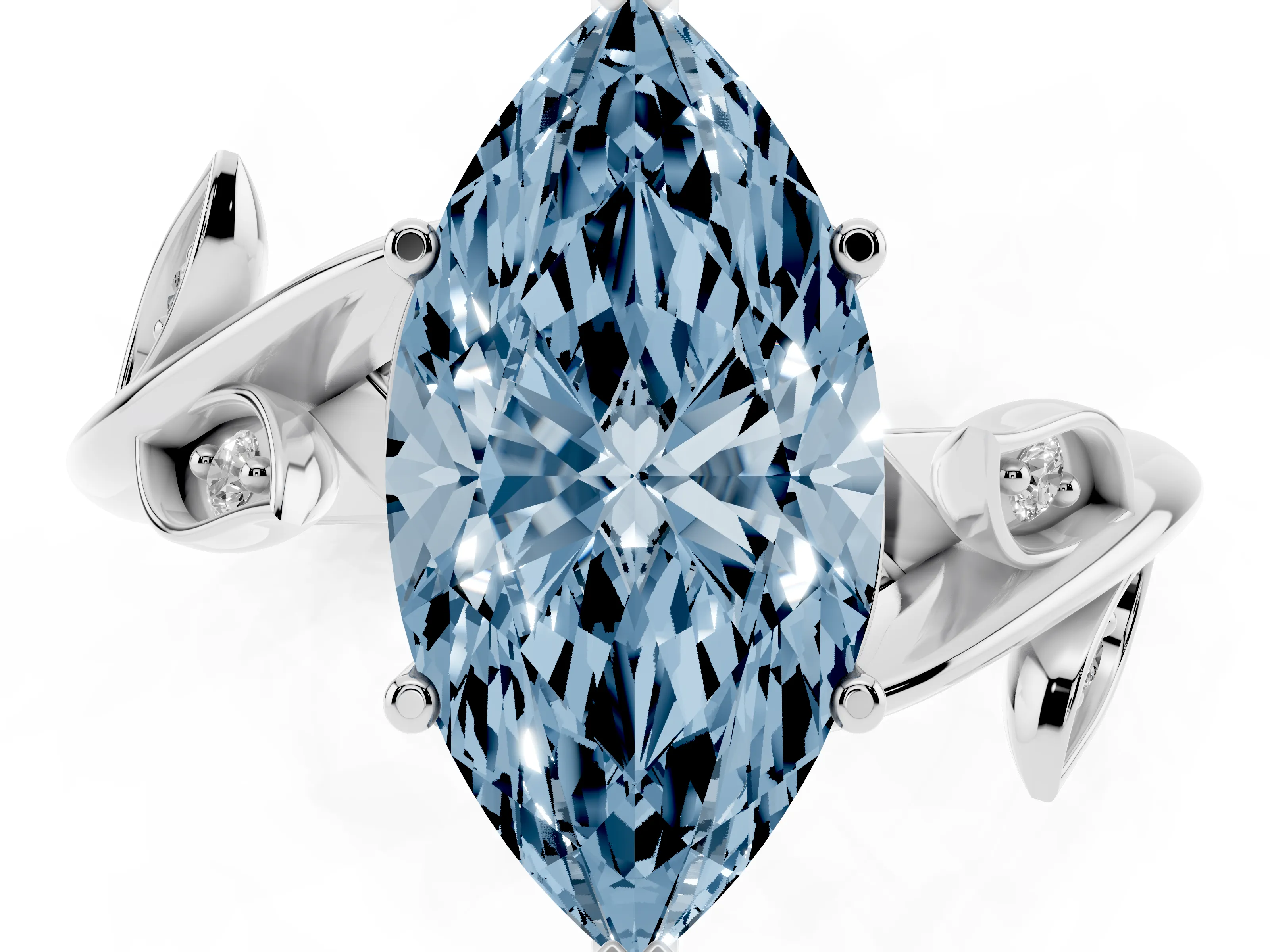 Fancy Blue Marquise Cut Diamond Solitaire Twist Engagement Ring Set in White gold with Pavé Leaf Accents