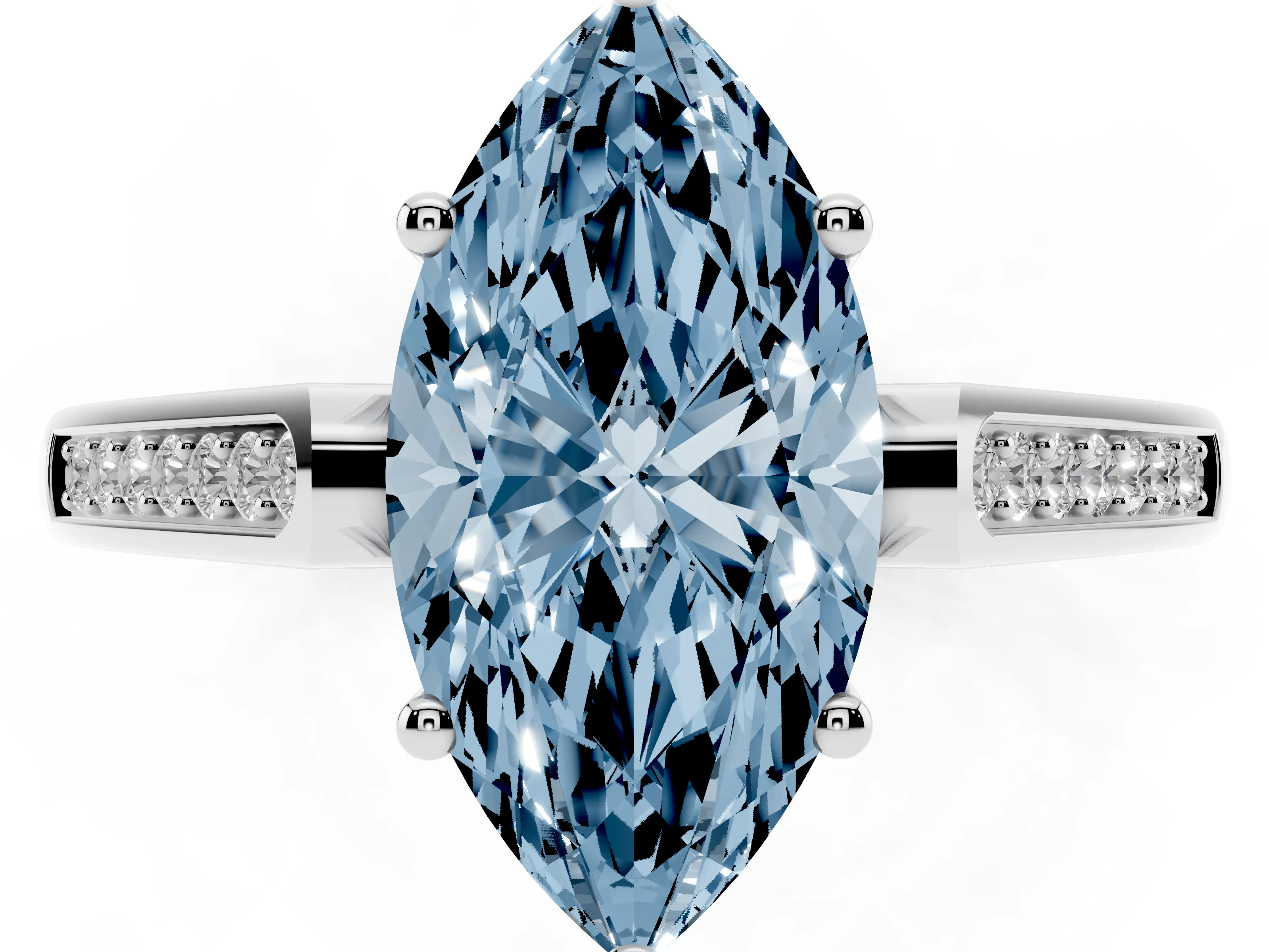 Fancy Blue Marquise Cut Diamond Solitaire Cathedral Engagement Ring Set in White gold with Channel-Set Band and Prong Setting