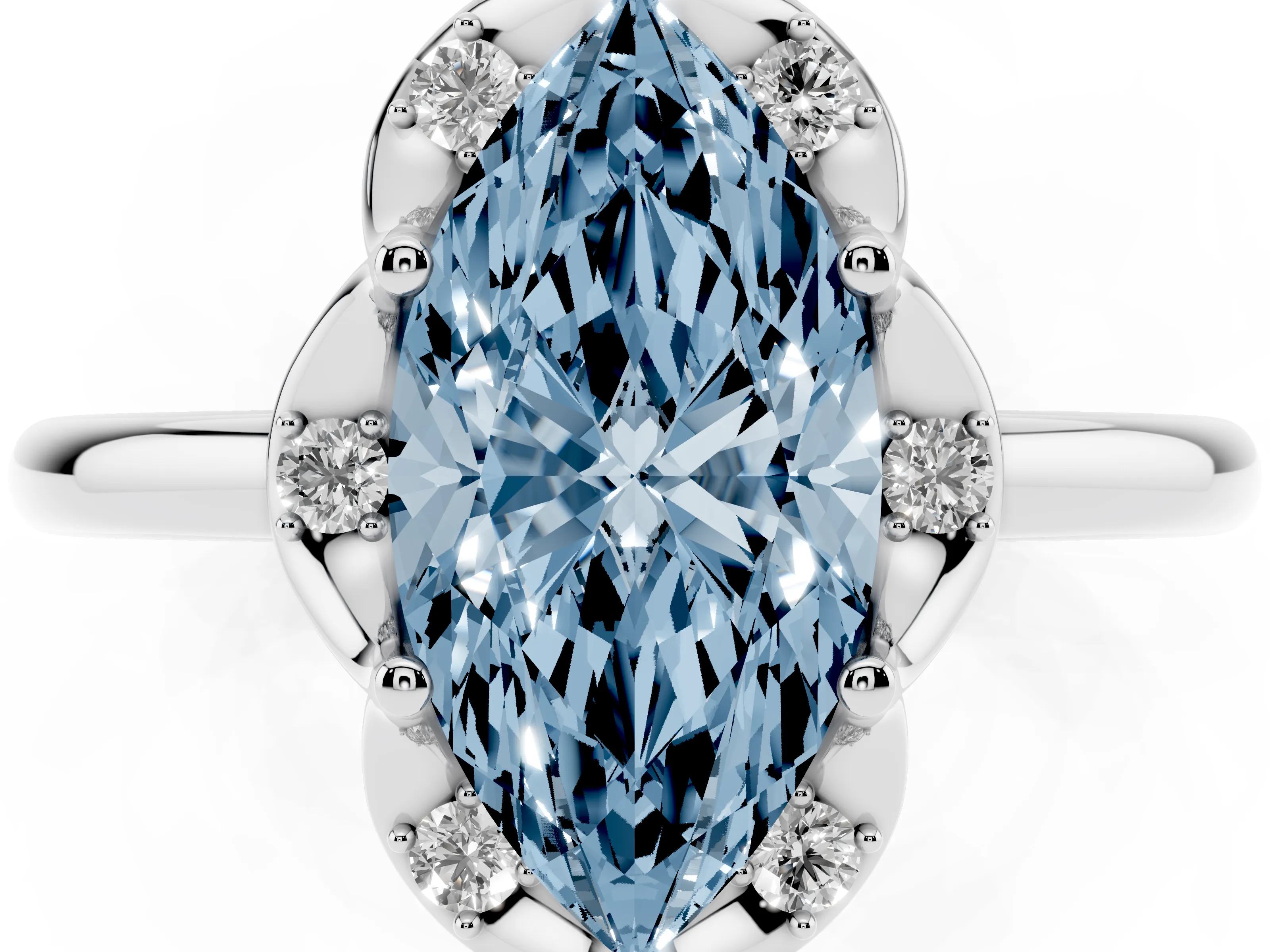 Fancy Blue Marquise Cut Diamond Round Cluster Halo Ring Set in White gold with Solitaire Band and Prong Setting