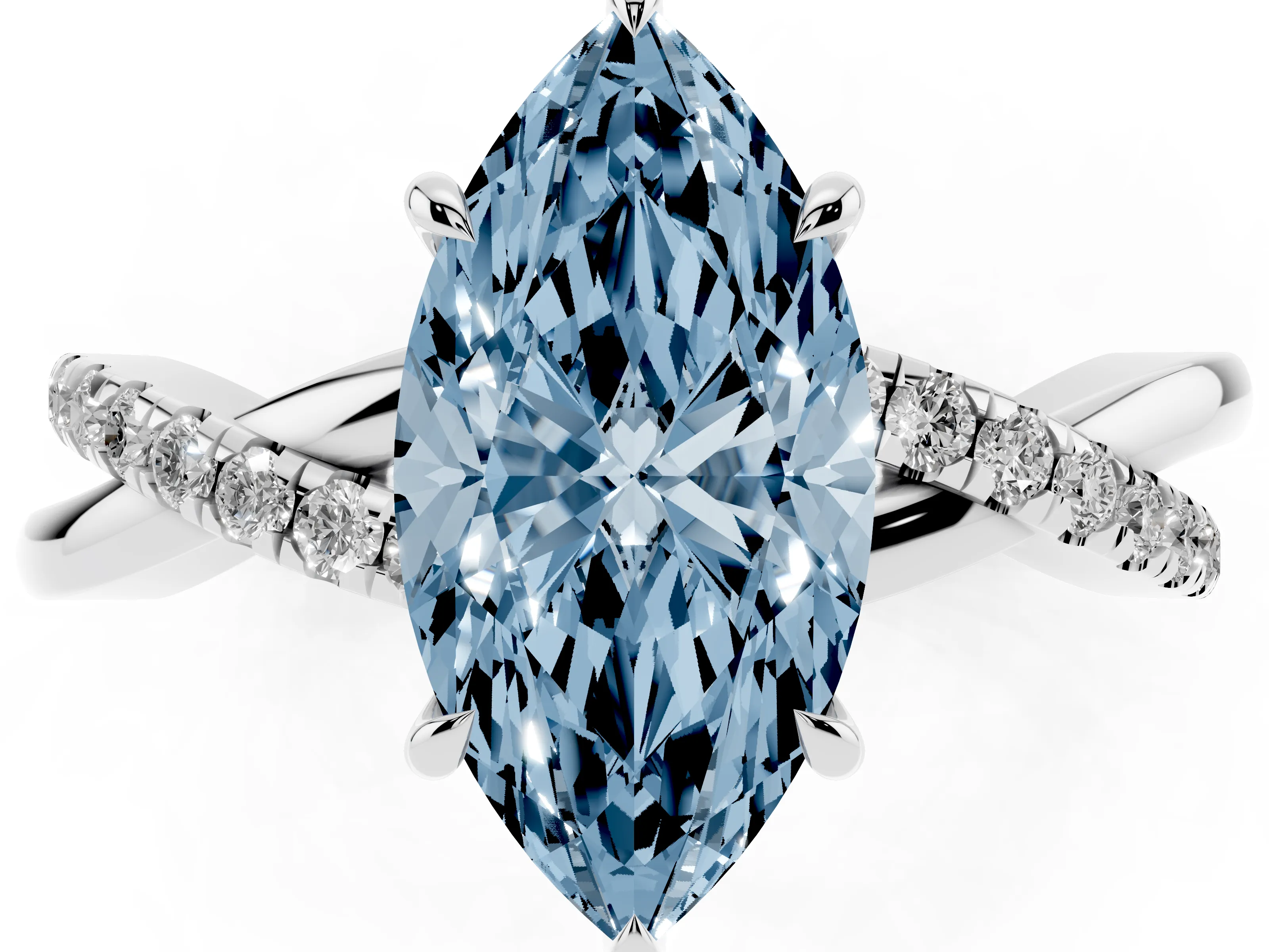 Fancy Blue Marquise Cut Diamond Twisted Pavé Band Ring Set in Platinum with Prong Setting
