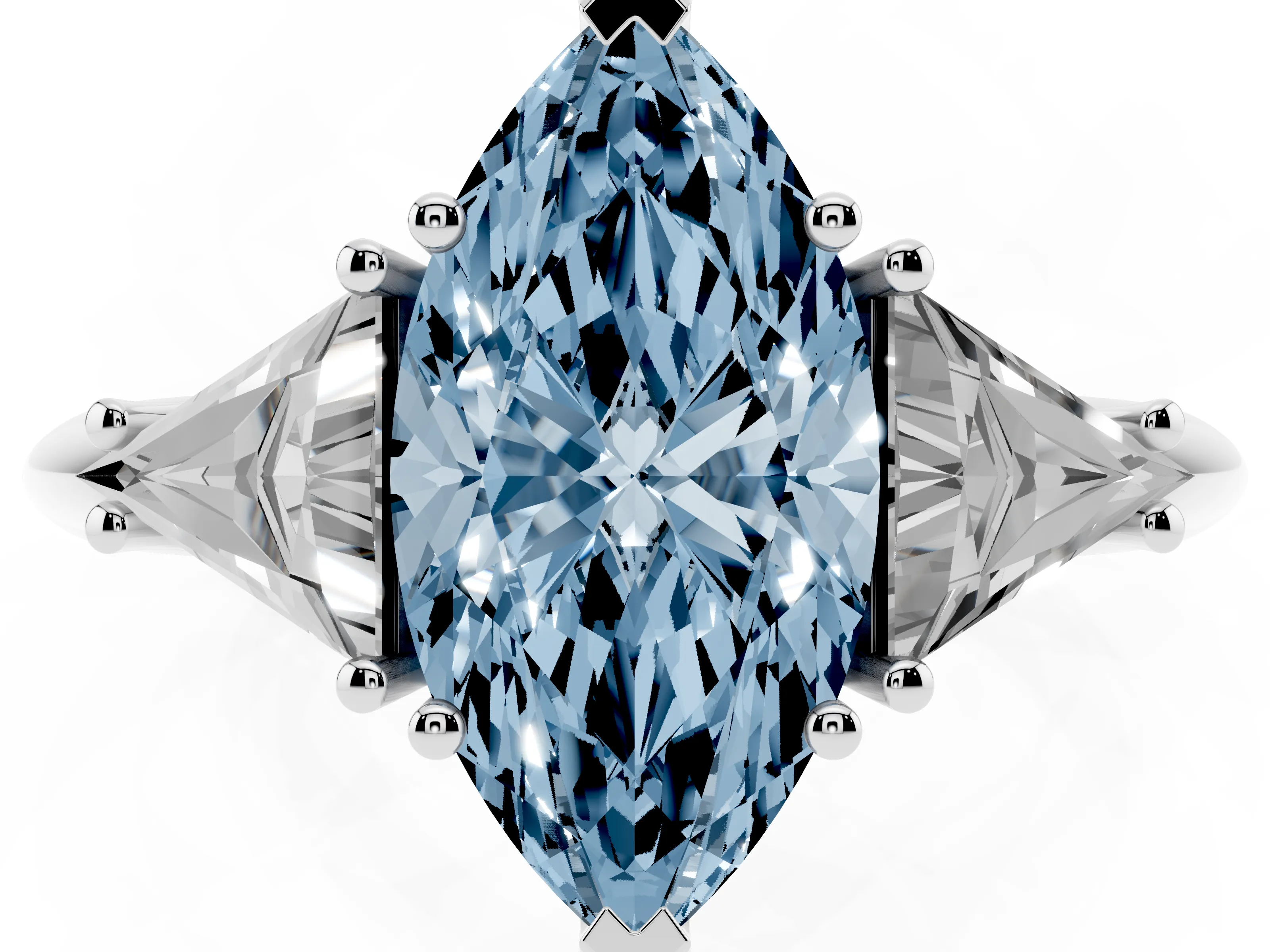 Fancy Blue Marquise Cut Diamond Three-Stone Engagement Ring Set in Platinum with Trillion Side Stones