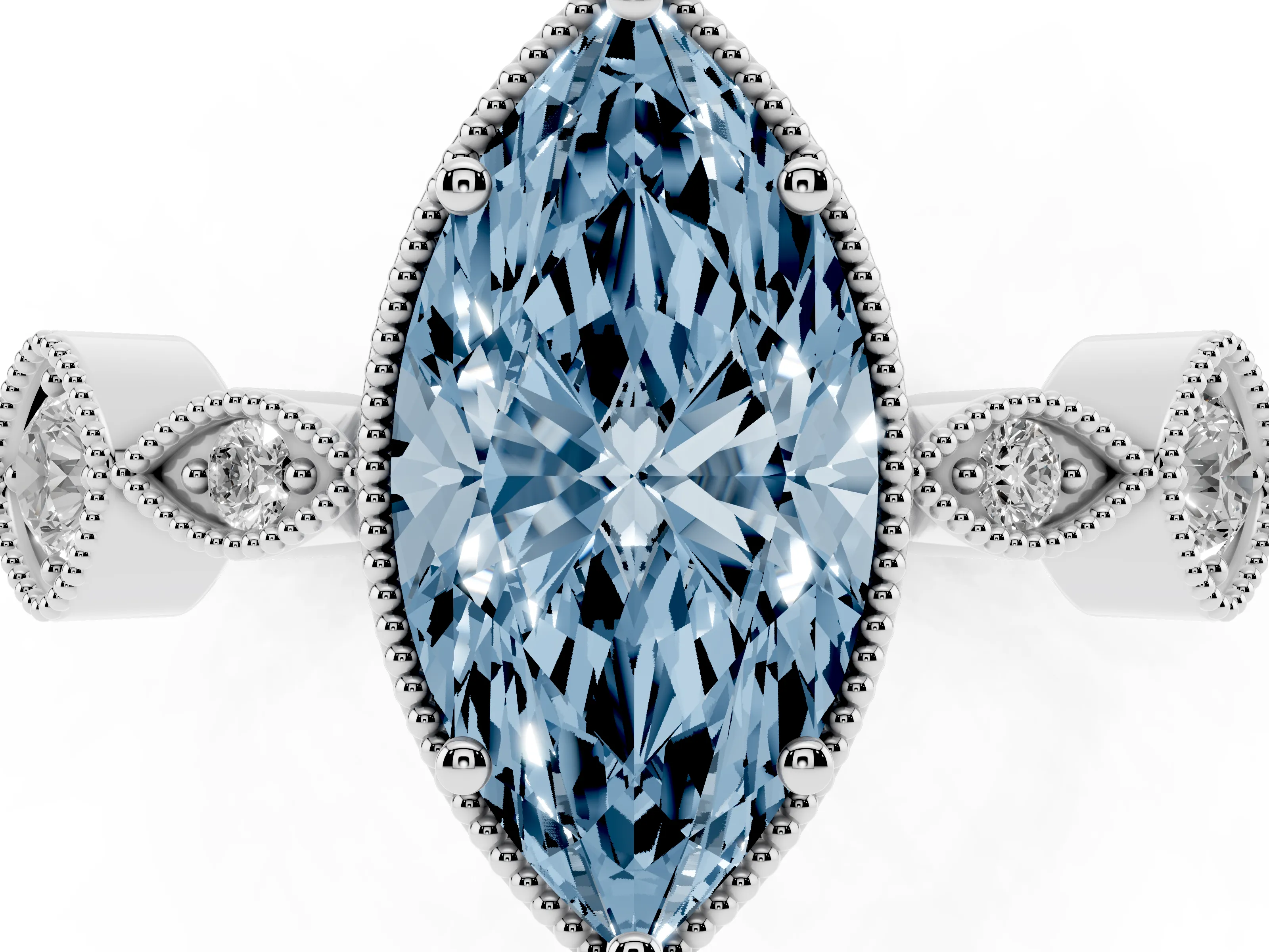 Fancy Blue Marquise Cut Diamond Vintage-Inspired Milgrain Ring Set in White gold with Marquise Stations of Round Accents