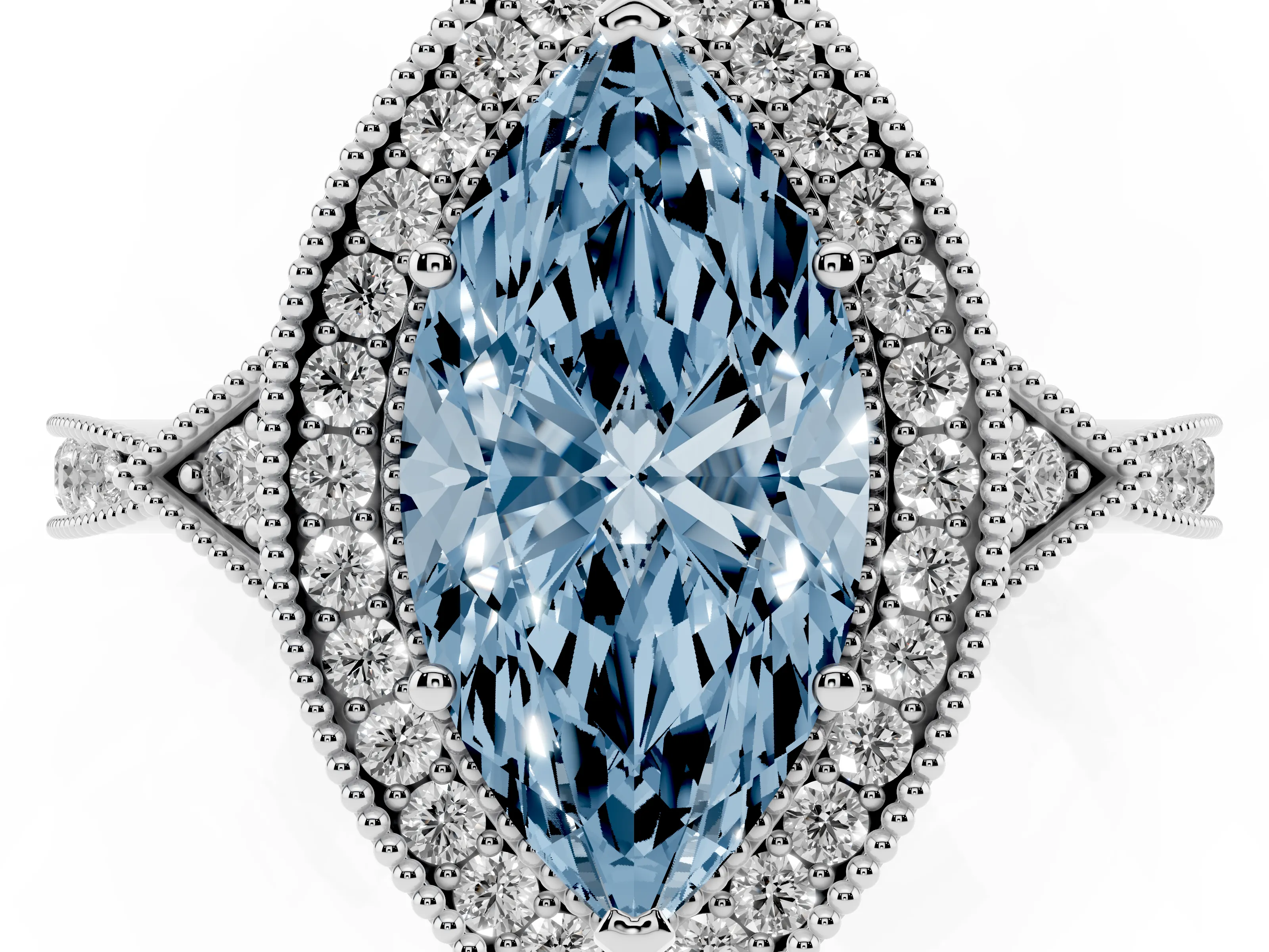 Fancy Blue Marquise Cut Diamond Halo Engagement Ring Set in Platinum with Milgrain Pavé Band