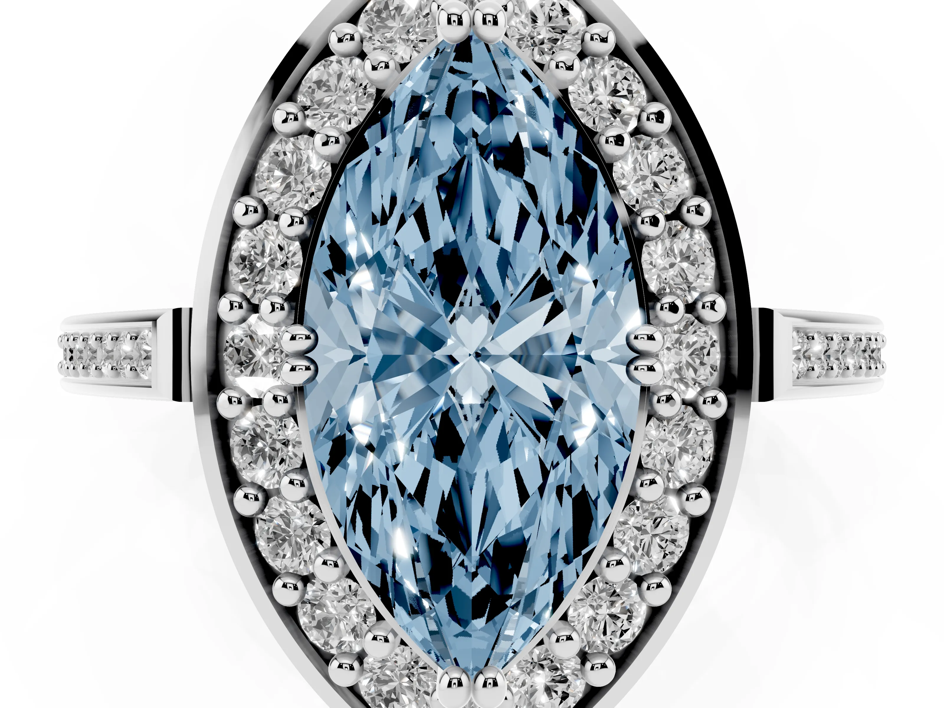 Fancy Blue Marquise Cut Diamond Halo Ring Set in Platinum with Accent-Lined Split Shank and Prong Setting