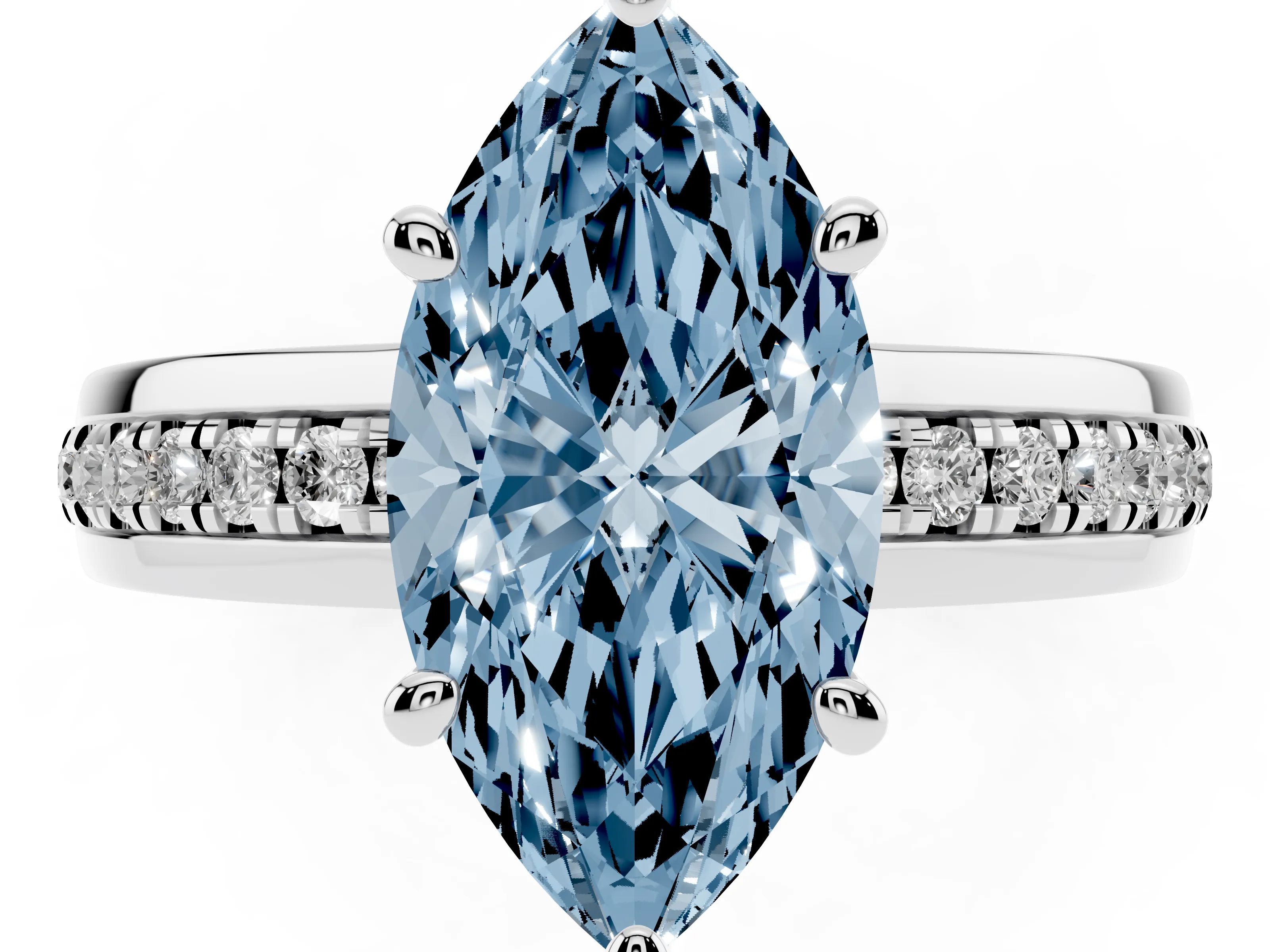 Fancy Blue Marquise Cut Diamond Solitaire Ring Set in Platinum with Channel Set Band and Prong Setting