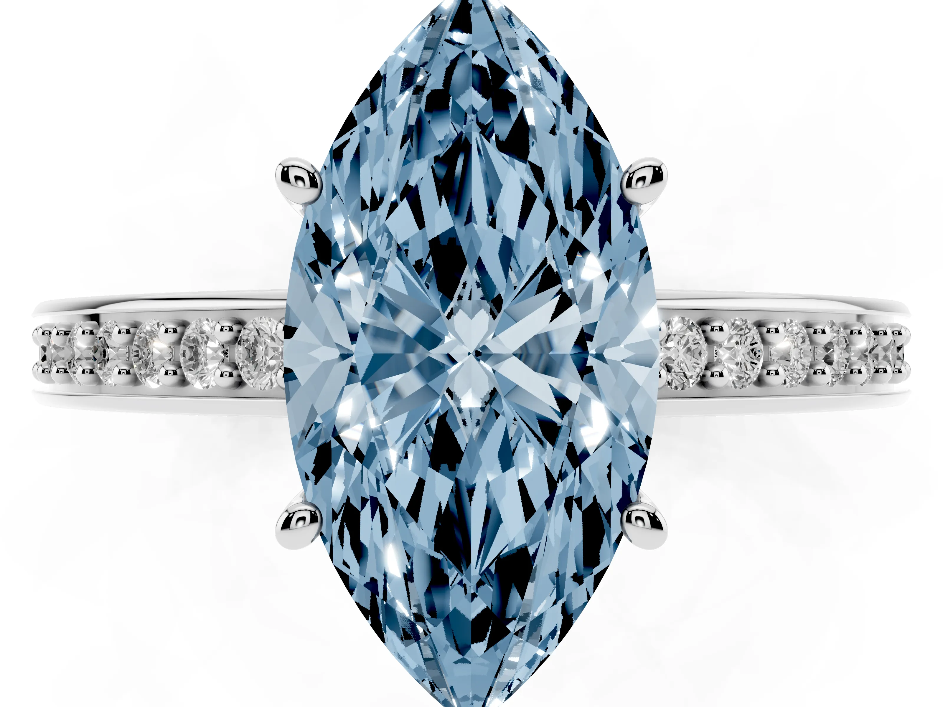 Fancy Blue Marquise Cut Diamond Pavé Band Prong Set Solitaire Ring Set in Platinum