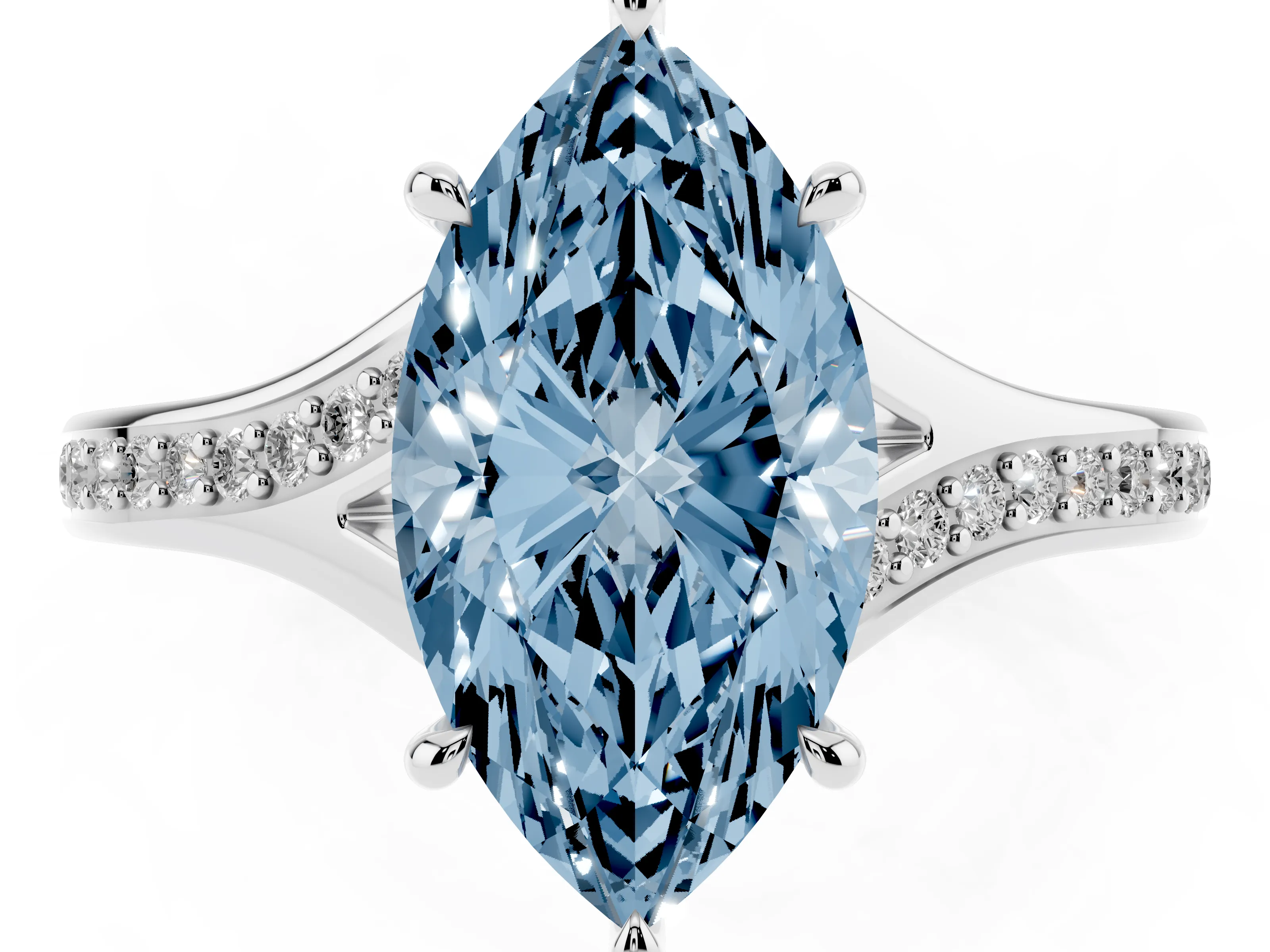 Fancy Blue Marquise Cut Diamond Solitaire Ring Set in Platinum with Pavé Accent Band and Classic Prong Setting