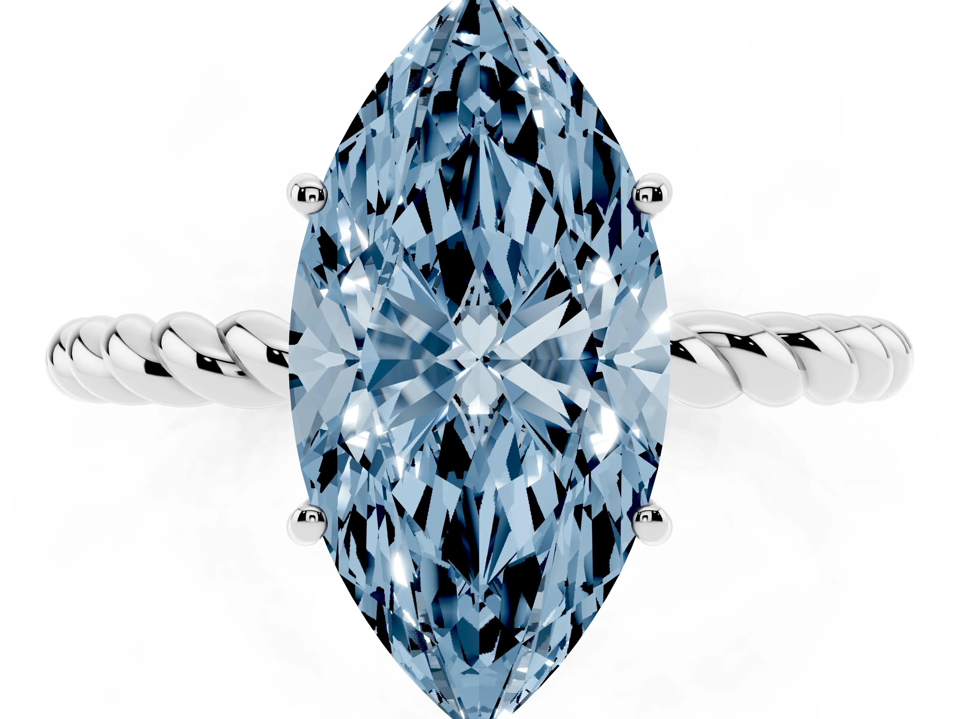 Fancy Blue Marquise Cut Diamond Solitaire Ring Set in Silver with Twist Band and Prong Setting