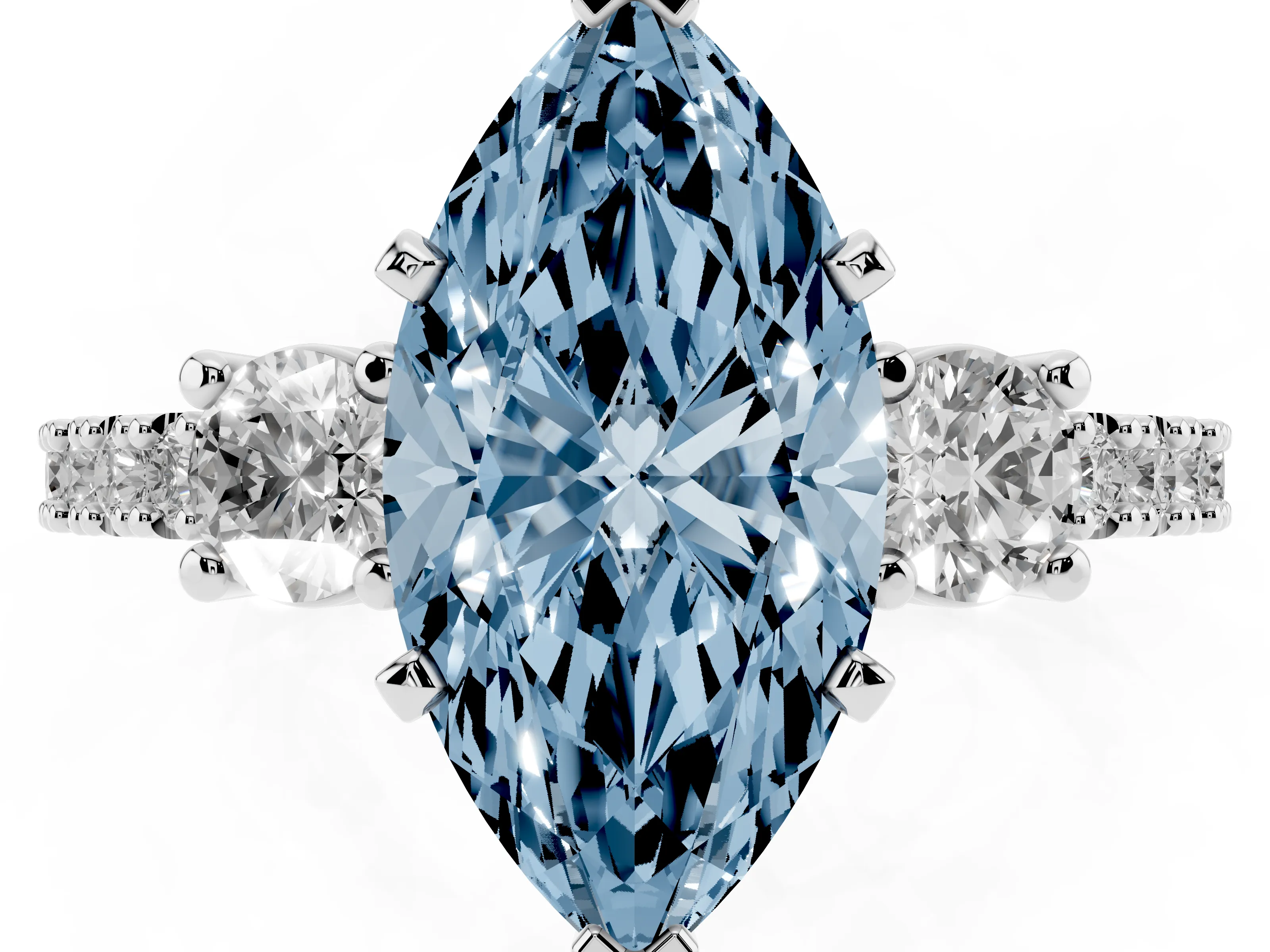 Fancy Blue Three-Stone Marquise Cut Diamond Pavé Band Ring Set in Silver with Prong Setting