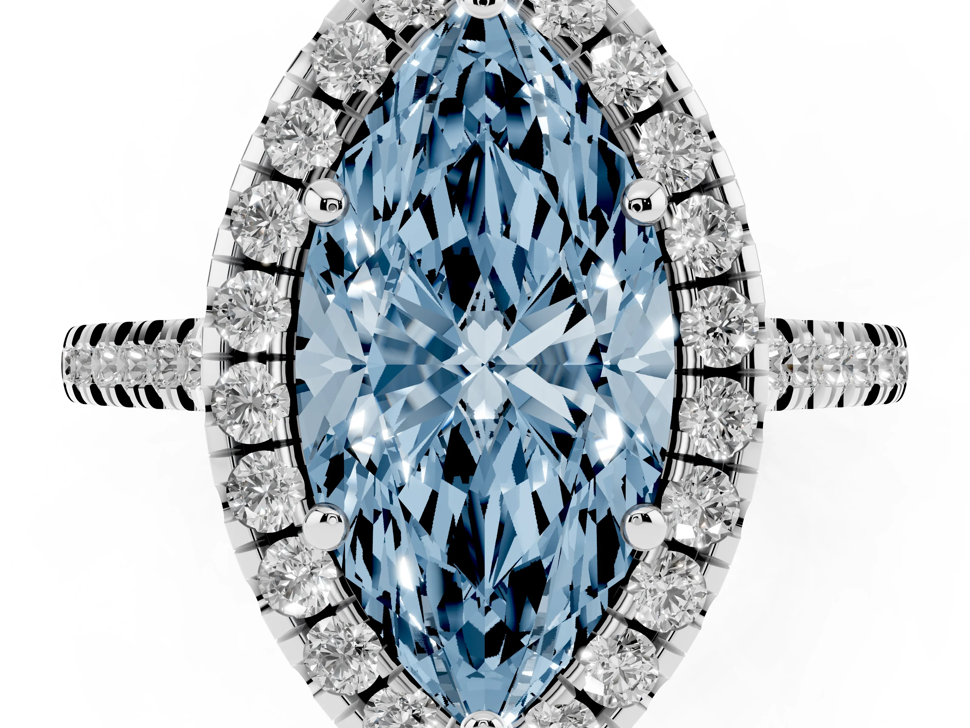 Fancy Blue Marquise Cut Diamond Cushion Halo Ring Set in White gold with Pavé Band
