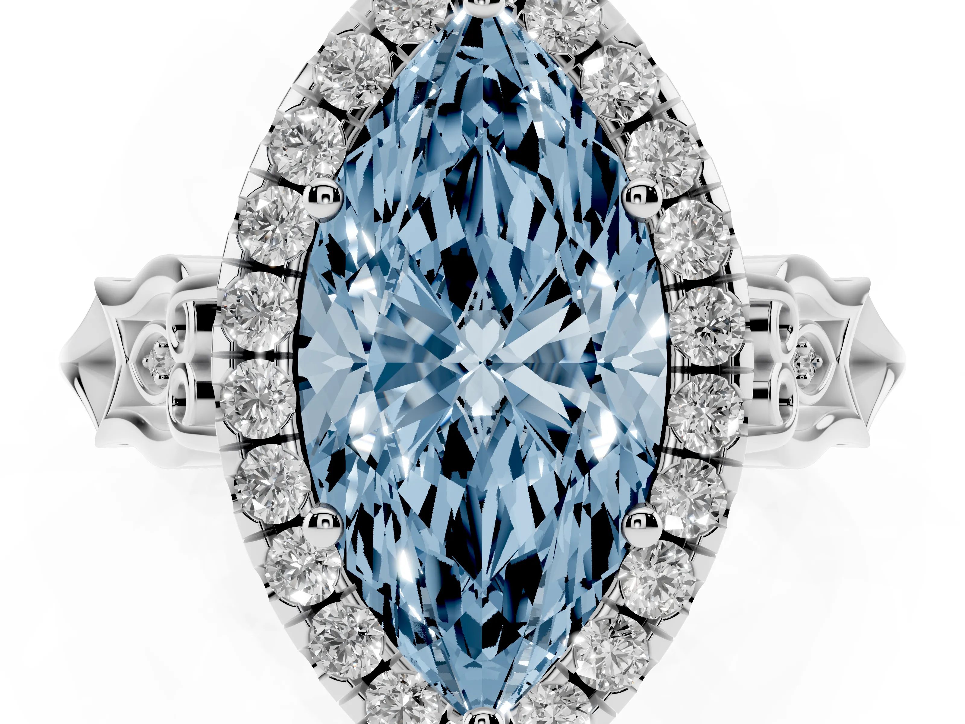 Fancy Blue Marquise Cut Diamond Halo Engagement Ring Set in White gold with Filigree Band and Prong-Set Center