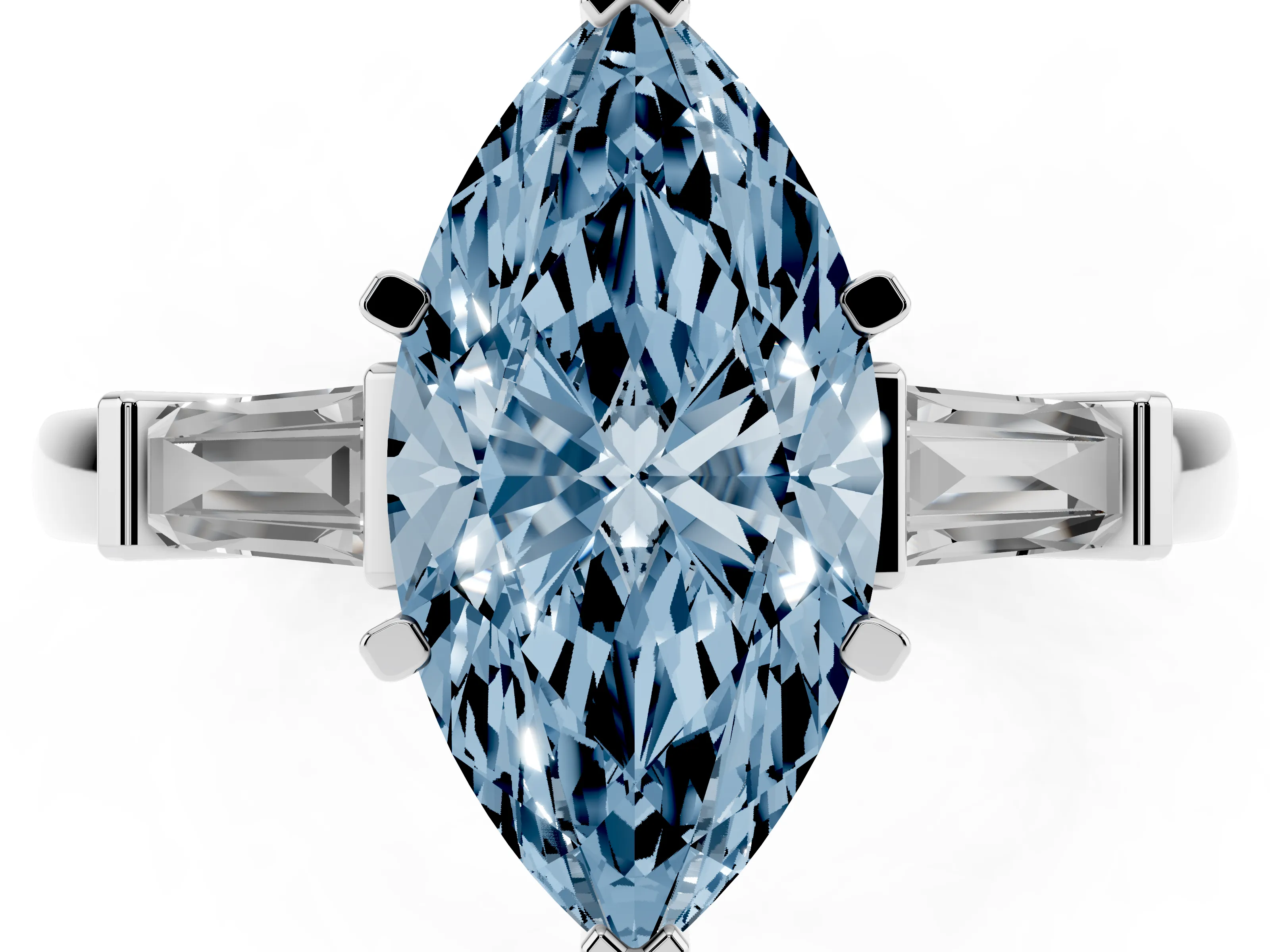 Fancy Blue Marquise Cut Diamond Solitaire Ring Set in White gold with Tapered Baguette Accents and Prong Setting