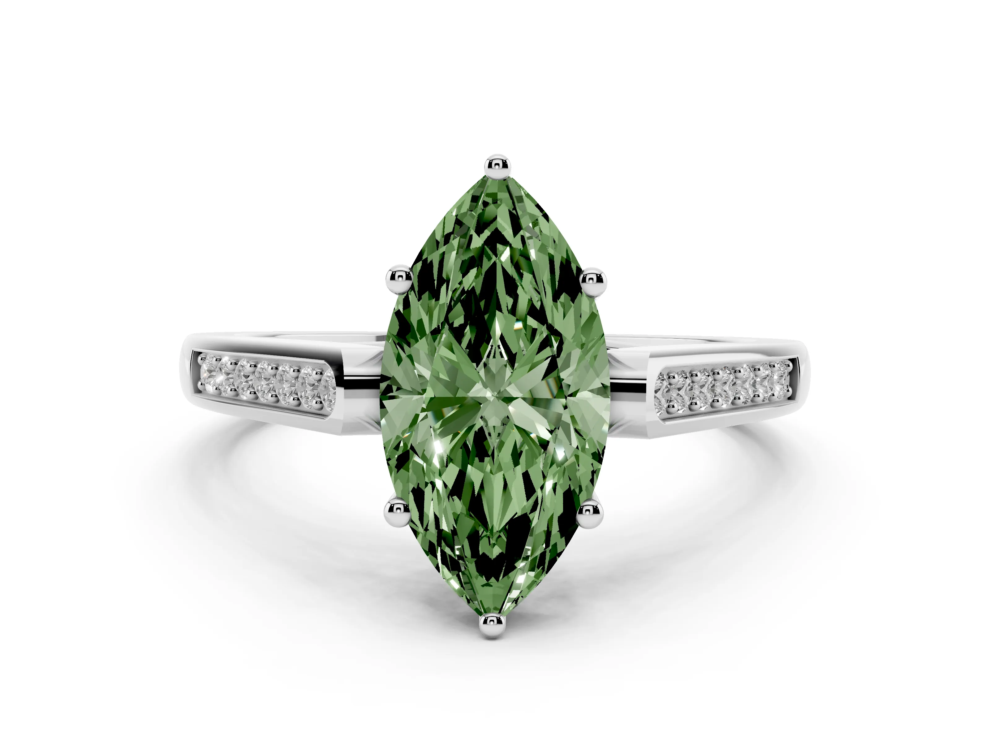Fancy Green Marquise Cut Diamond Solitaire Cathedral Engagement Ring Set in White gold with Channel-Set Band and Prong Setting