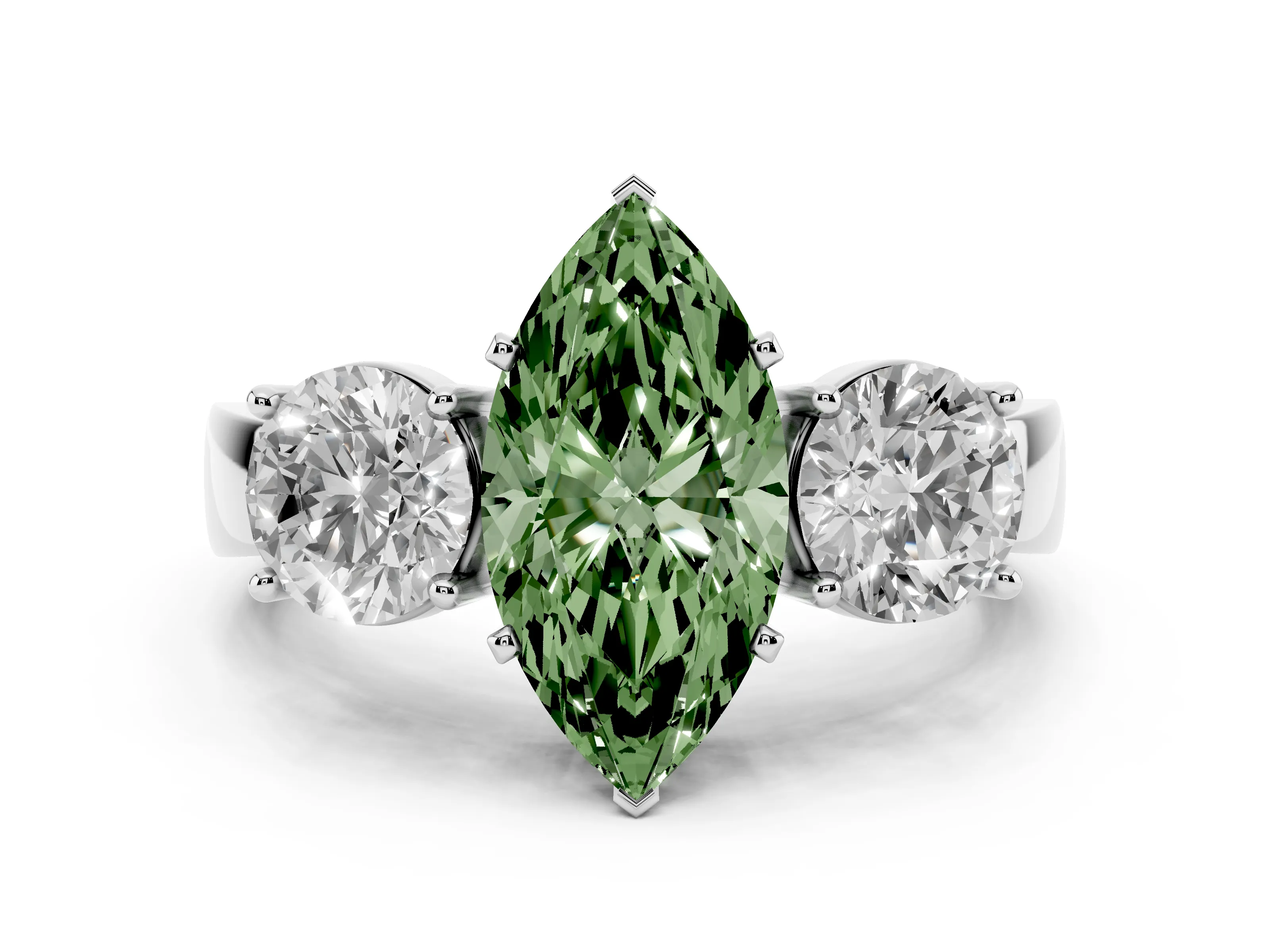 Fancy Green Marquise Cut Diamond Three-Stone Ring Set in Platinum with Round Side Stones and Classic Band
