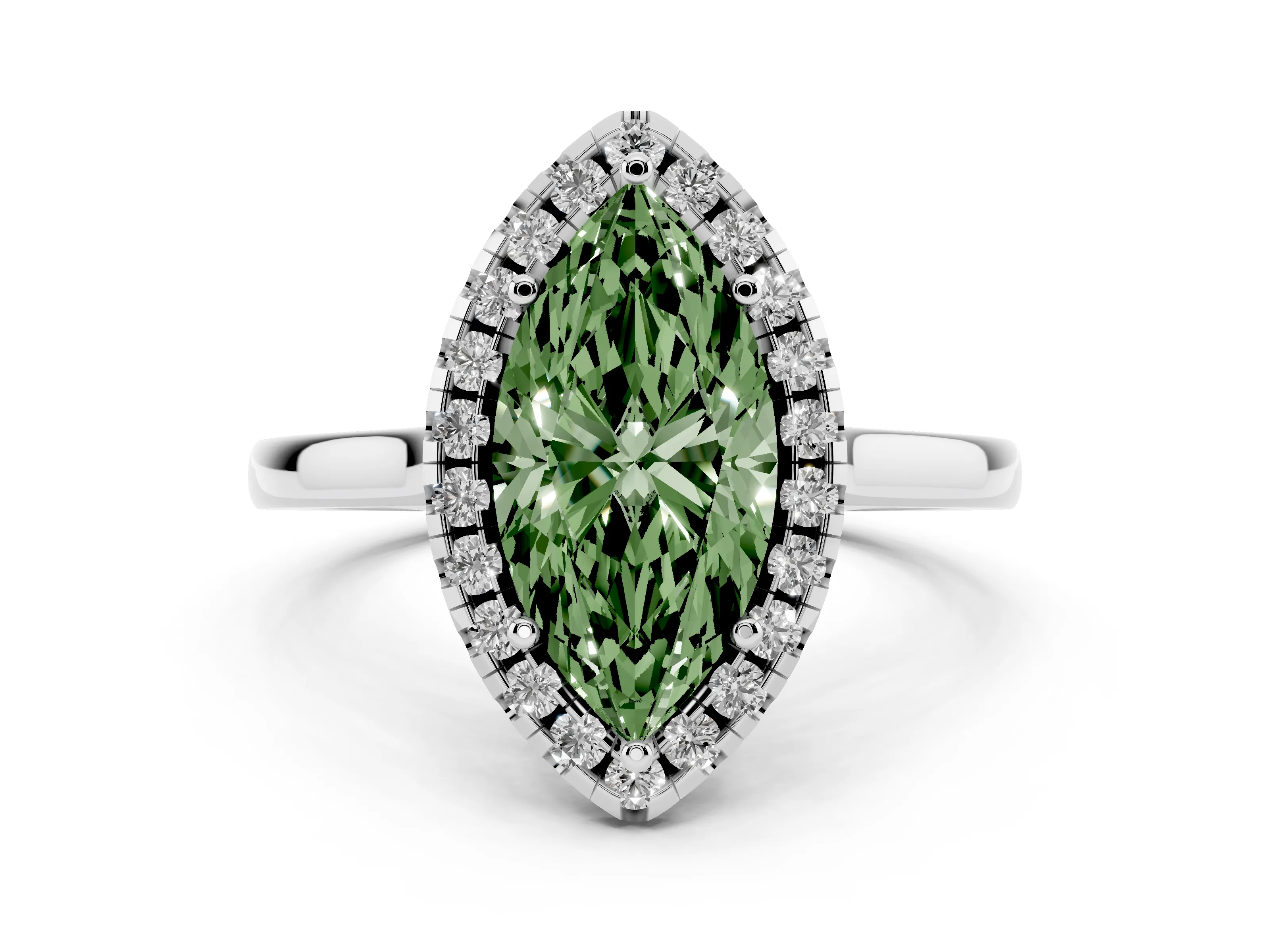Fancy Green Marquise Cut Halo Round Diamond Solitaire Ring Set in Platinum with Pavé Band and Prong Setting