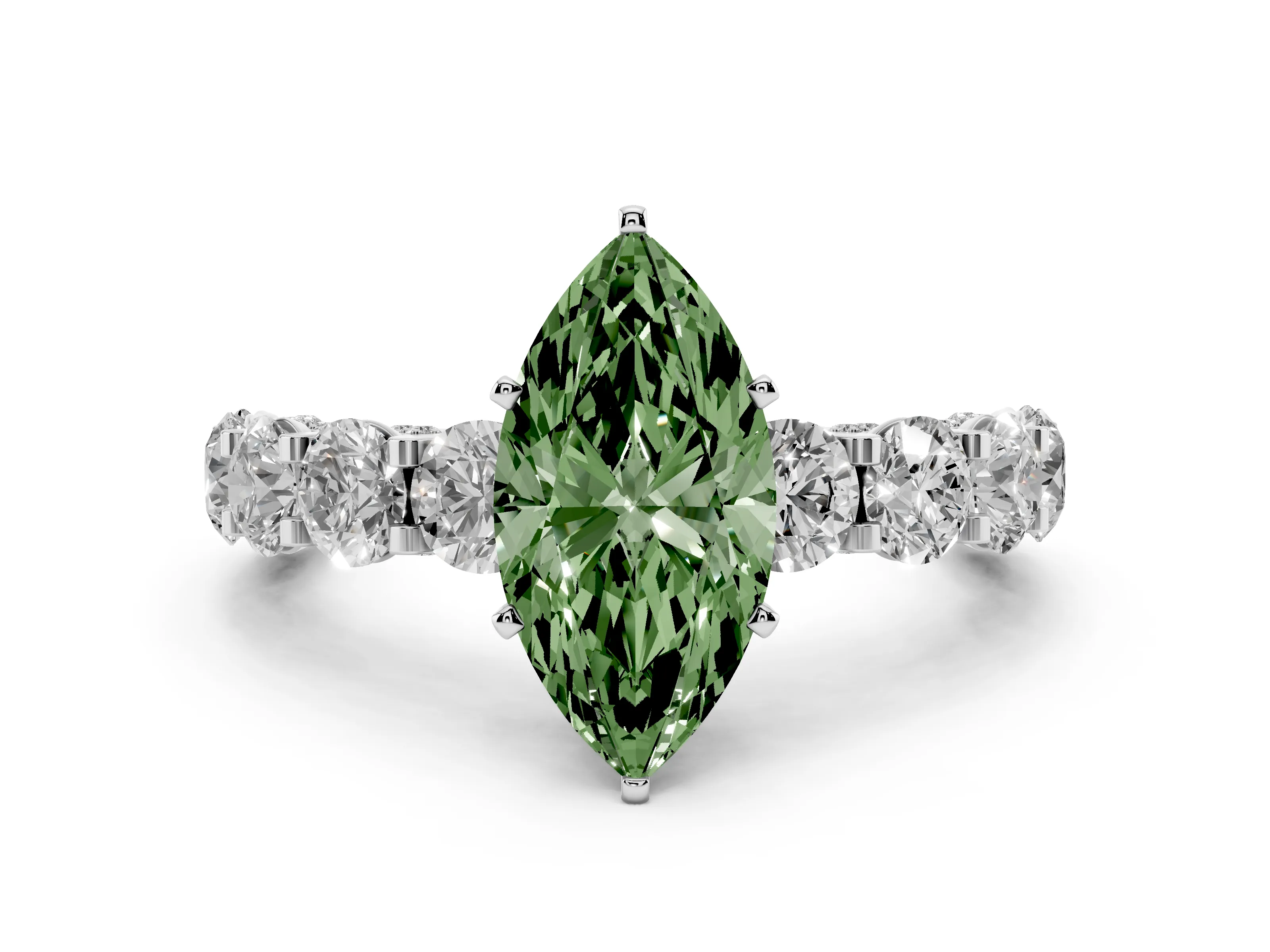 Fancy Green Marquise Cut Diamond Side Stone Ring Set in White gold with Alternating Round and Oval Side Stones