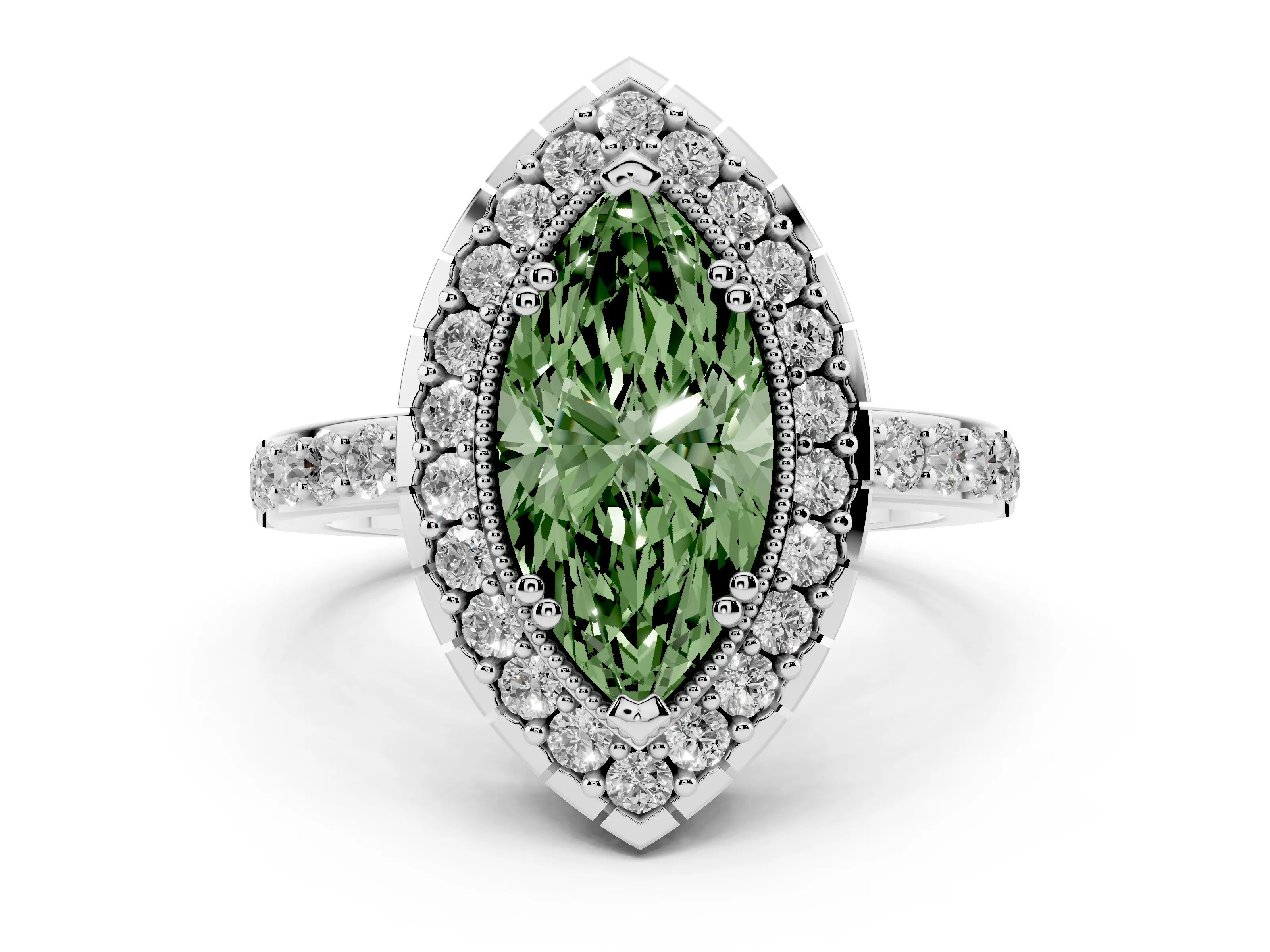 Fancy Green Marquise Cut Diamond Halo Ring Set in White gold with Pavé Shank and Prong Setting