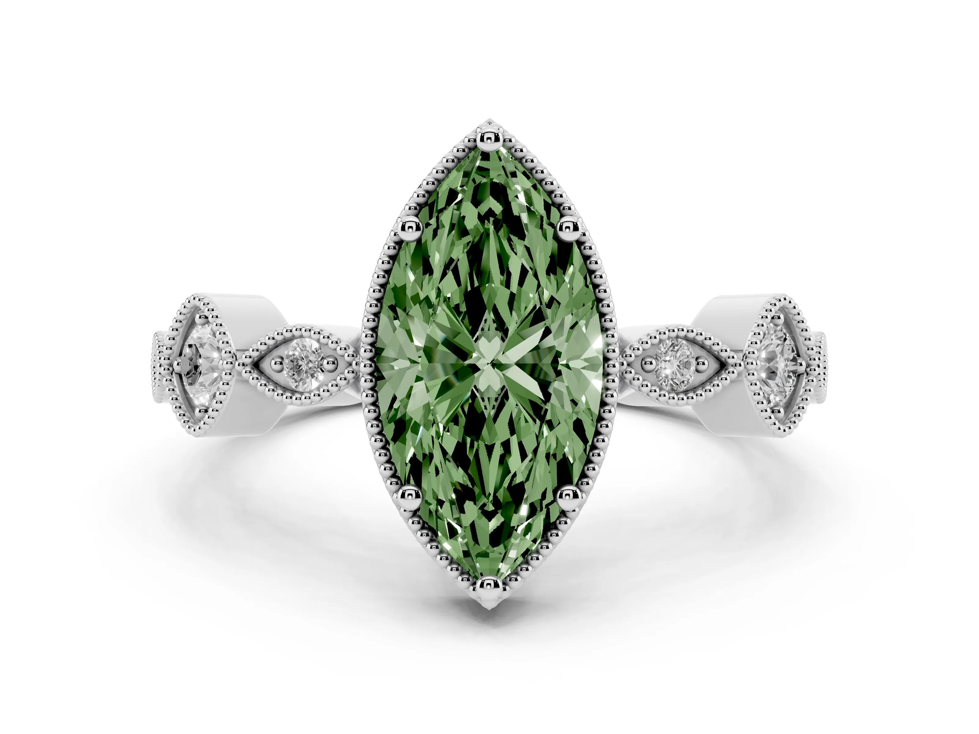 Fancy Green Marquise Cut Diamond Vintage-Inspired Milgrain Ring Set in White gold with Marquise Stations of Round Accents