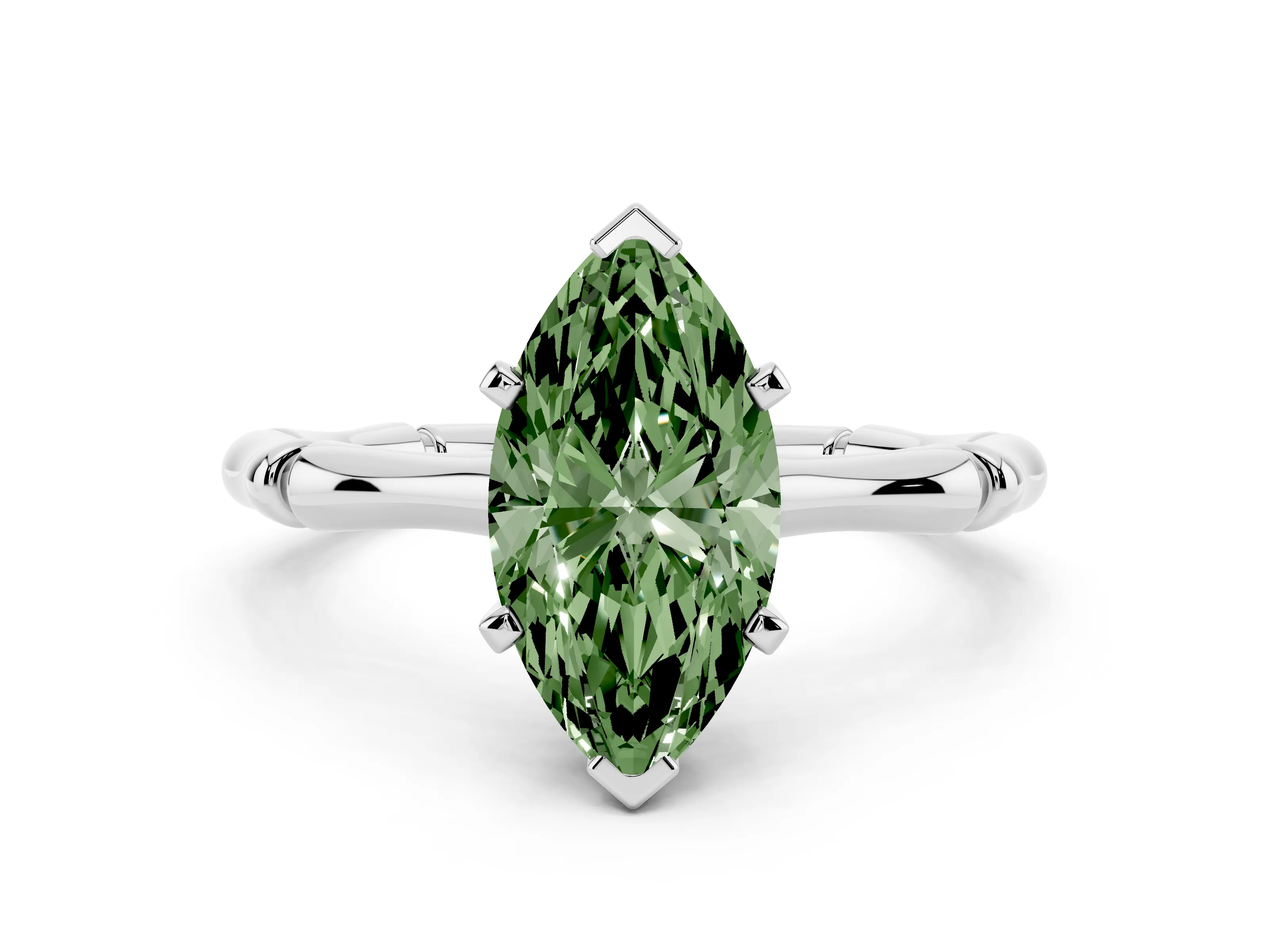 Fancy Green Marquise Cut Diamond Solitaire Ring Set in Silver with Bamboo Band and Prong Setting