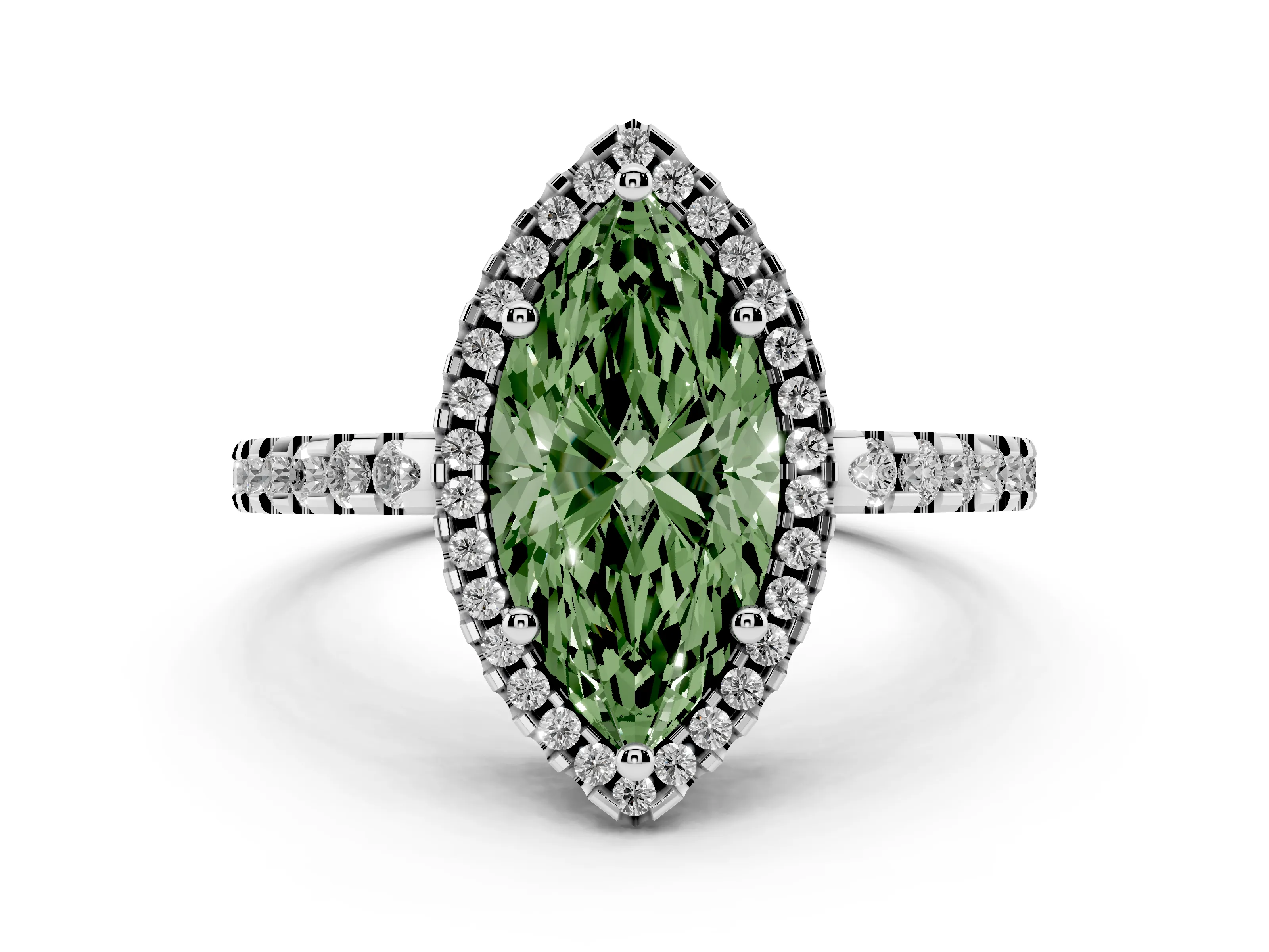 Fancy Green Marquise Cut Diamond Halo Ring Set in White gold with Pavé Shoulders and Halo-Framed Center
