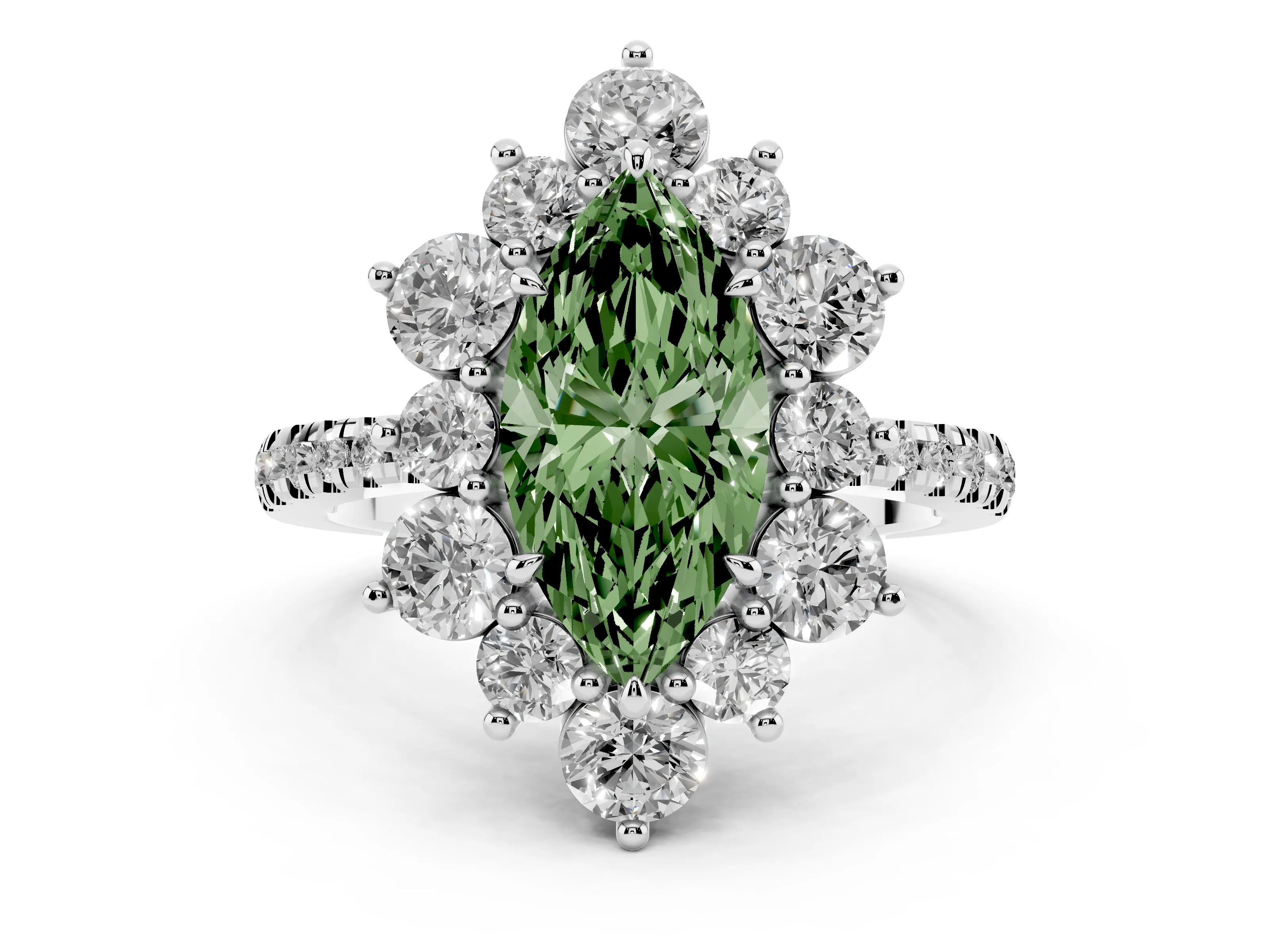 Fancy Green Marquise Cut Diamond Floral Halo Ring Set in White gold with Round Pavé Band and Prong Setting