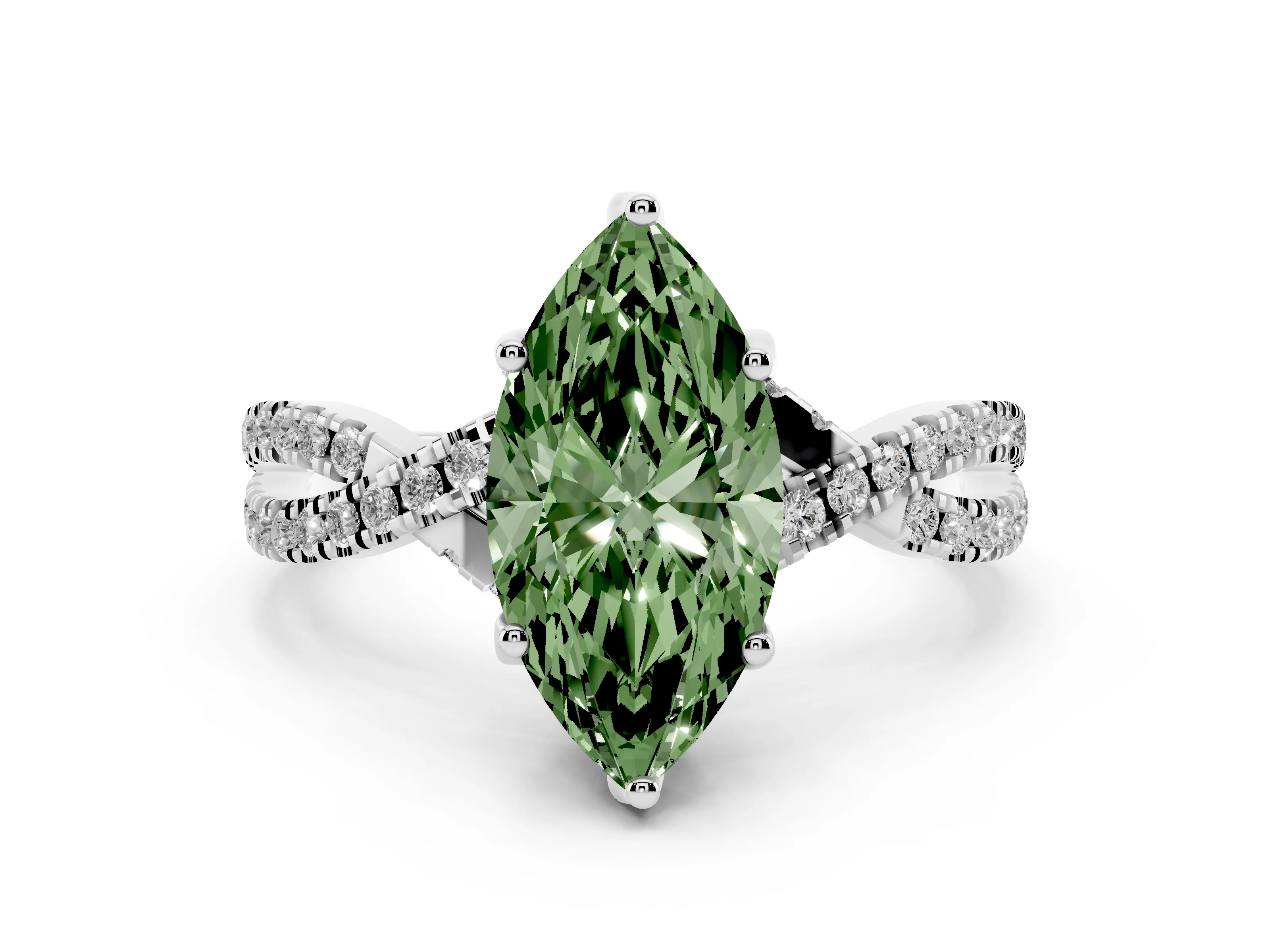 Fancy Green Marquise Cut Diamond Twist Pavé Solitaire Engagement Ring Set in White gold with Prong Setting