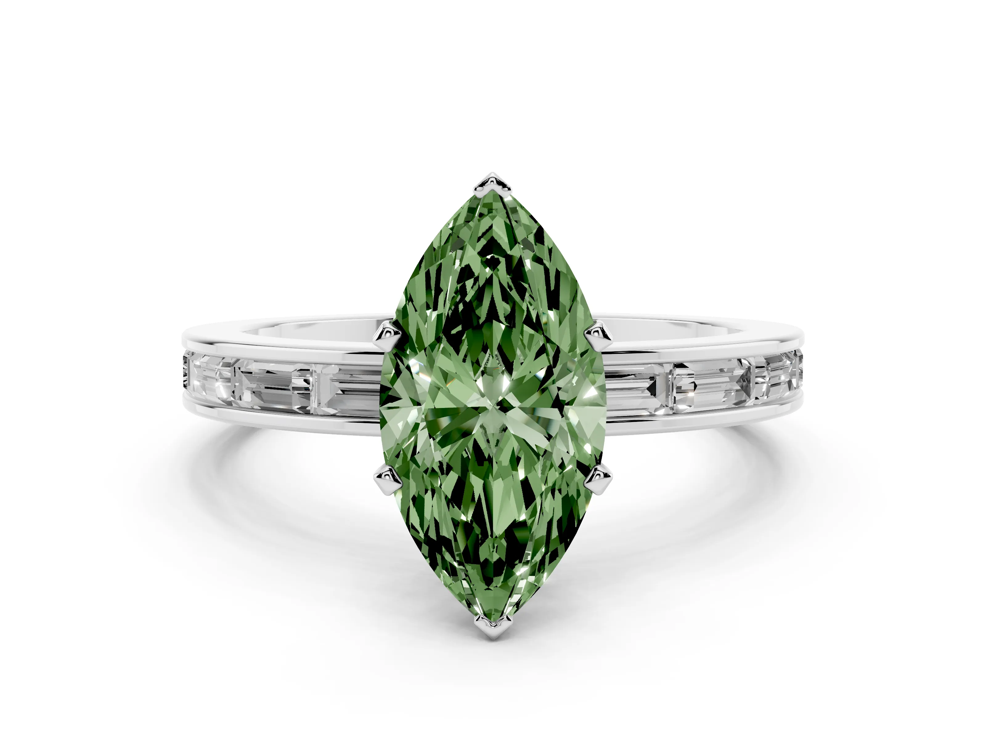 Fancy Green Marquise Cut Diamond Solitaire Ring Set in Platinum with Channel-Set Baguette Band and Prong Setting