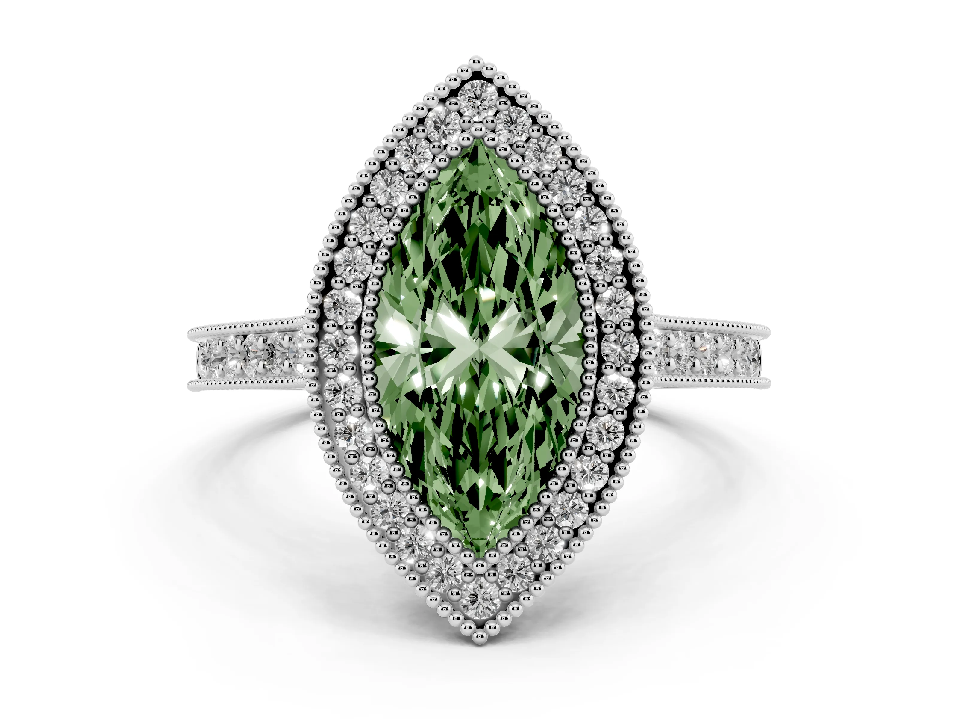 Fancy Green Marquise Cut Diamond Halo Milgrain Pavé Band Ring Set in Platinum with Prong Setting