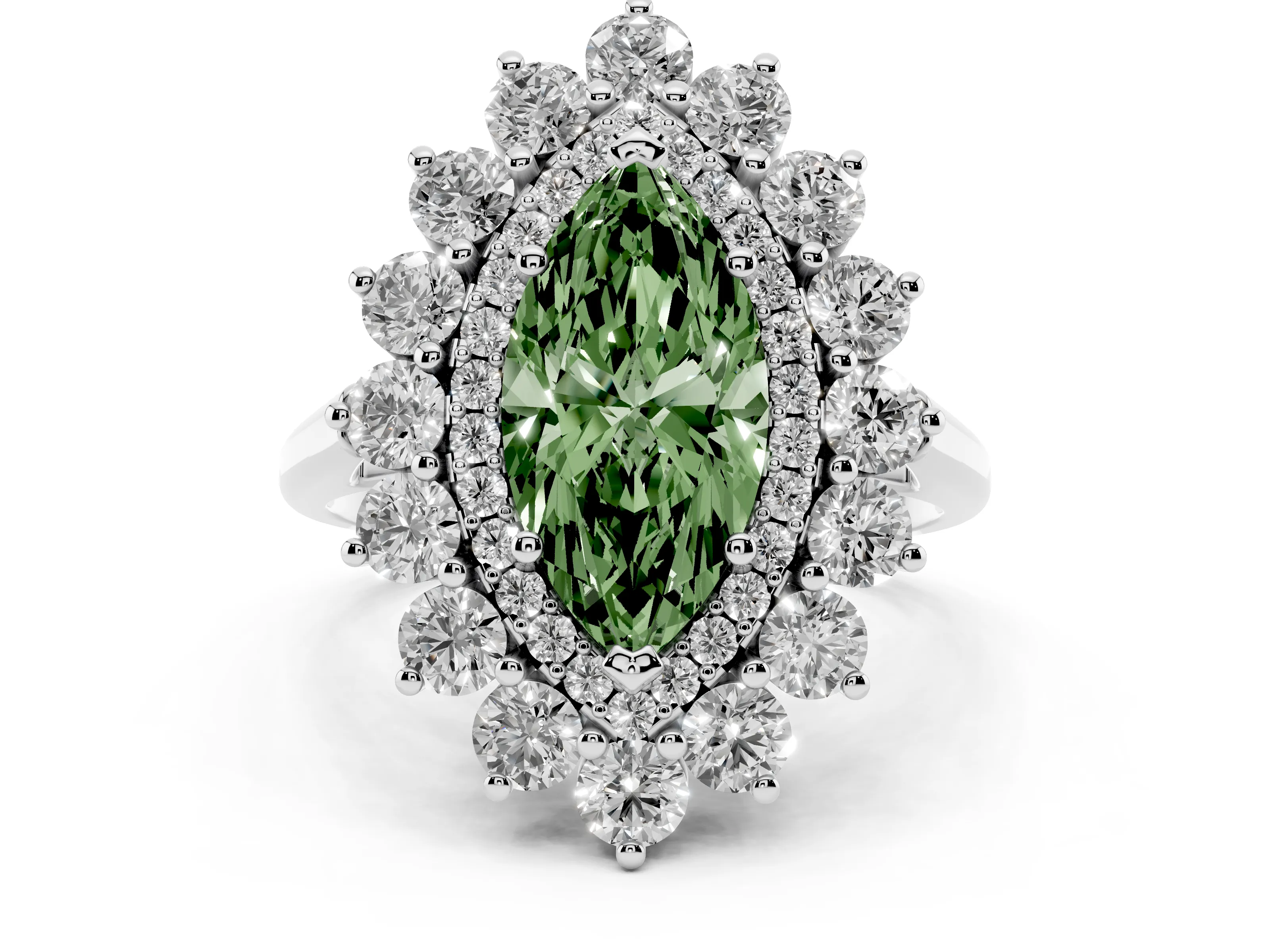 Fancy Green Marquise Cut Diamond Floral Double Halo Ring Set in Silver with Round Petals